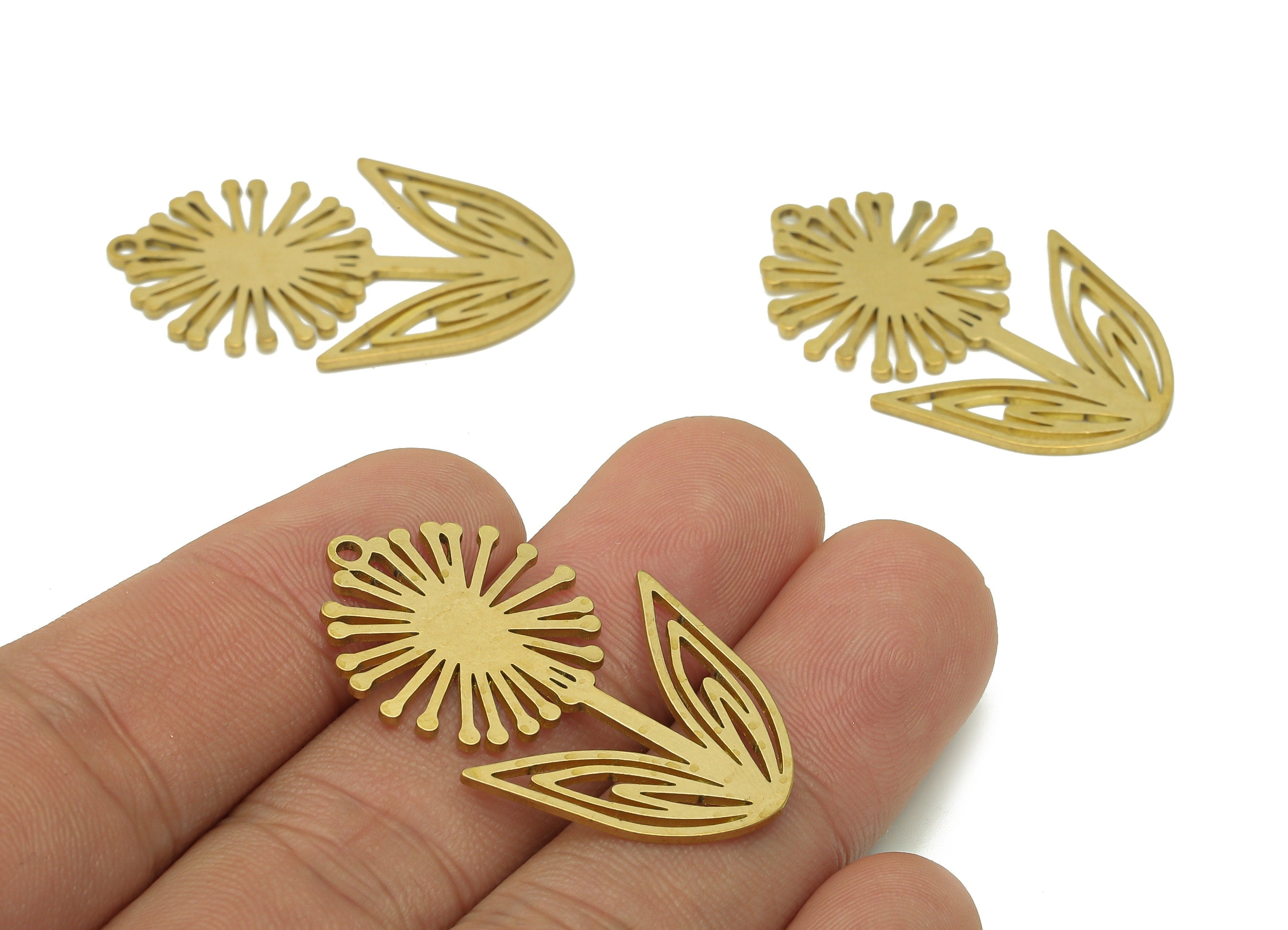 Brass Dandelion Earring Charms - Raw Brass Flower Earring - Pendant With Loop - Botanical Charm For Necklace - 37.8x23.8x0.9mm - PPA5782 - DOMEDBAZAAR