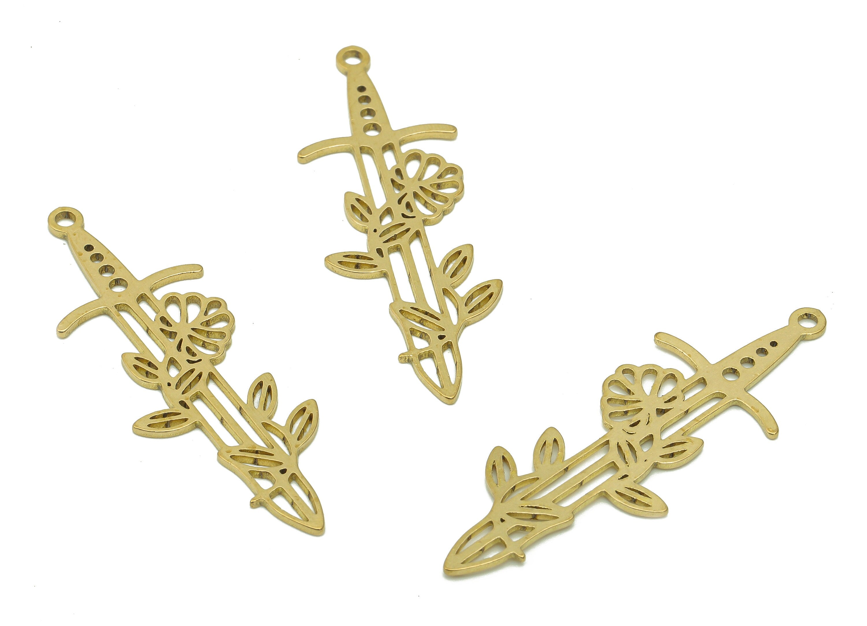 Brass Creeper Sword Earring Charm - Raw Brass Flower Cutout Earring - Leaves Pendant With Loop - Round Hollow Charm -39.9x13.4x0.8mm-PPA6664 - DOMEDBAZAAR