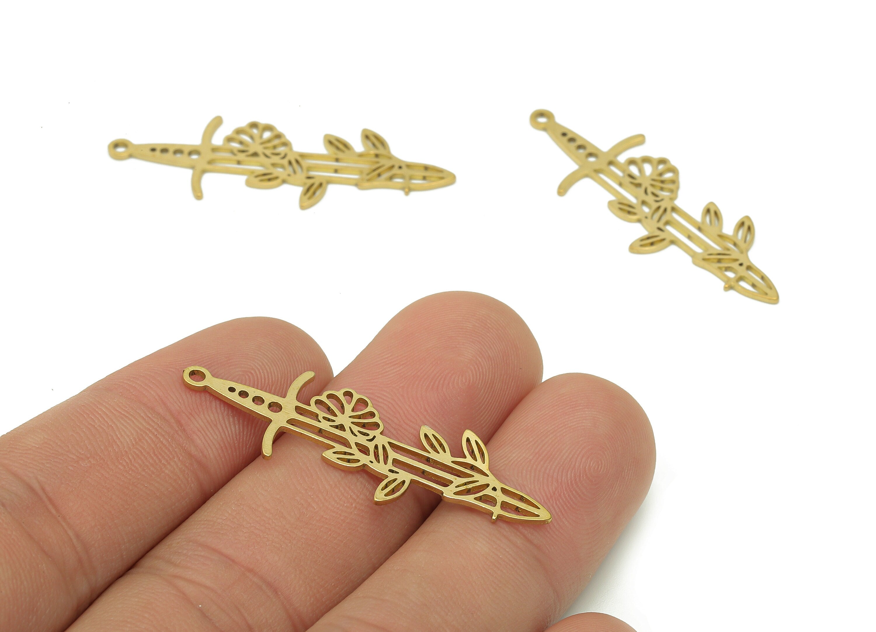 Brass Creeper Sword Earring Charm - Raw Brass Flower Cutout Earring - Leaves Pendant With Loop - Round Hollow Charm -39.9x13.4x0.8mm-PPA6664 - DOMEDBAZAAR