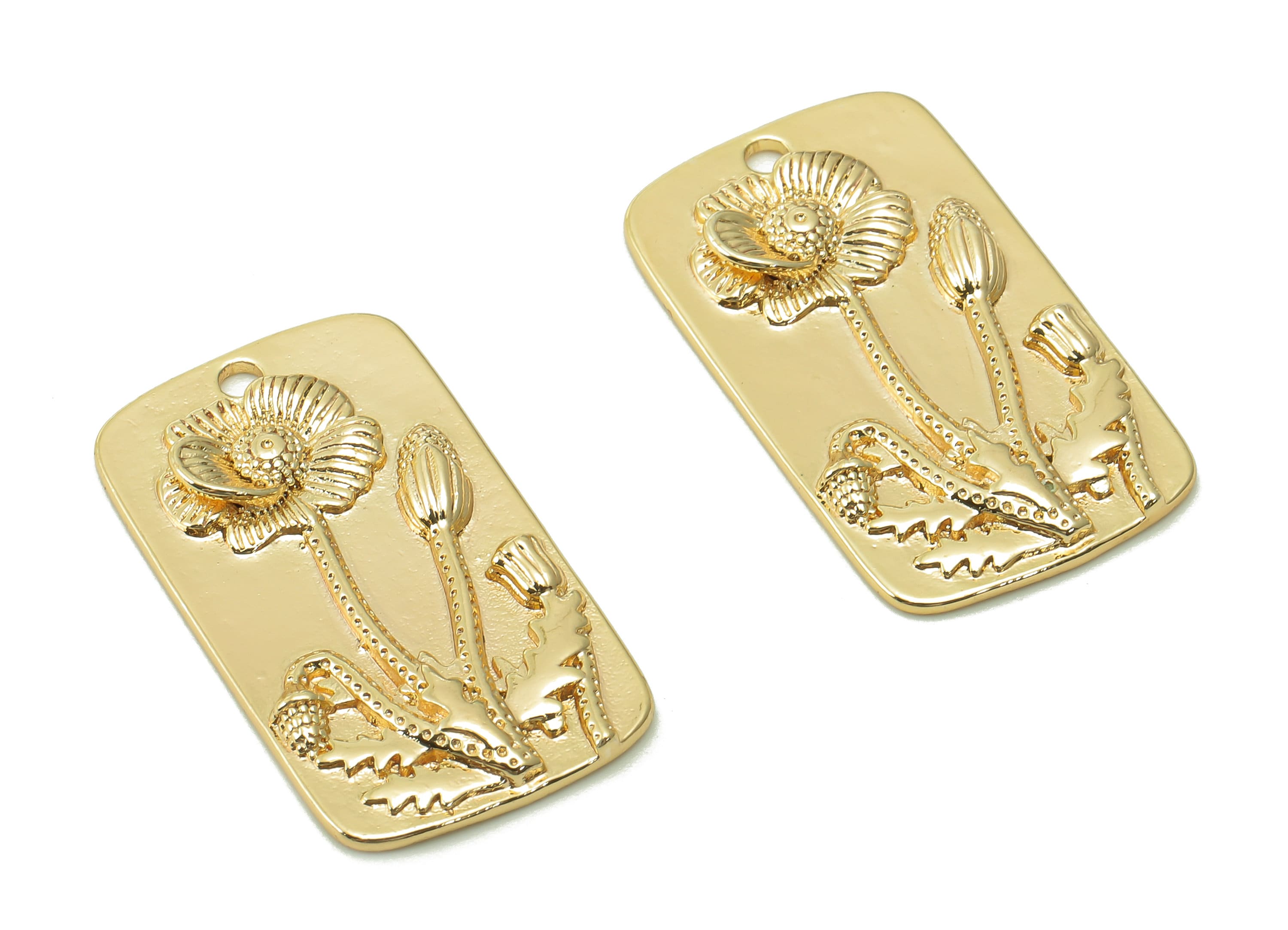 Brass Rectangle Flower Earring Charms - Gold Plant Rectangle Pendant - Botanical Charm - 18K Real Gold Plating - 28.6x16x2.7mm - RGP5386 - DOMEDBAZAAR