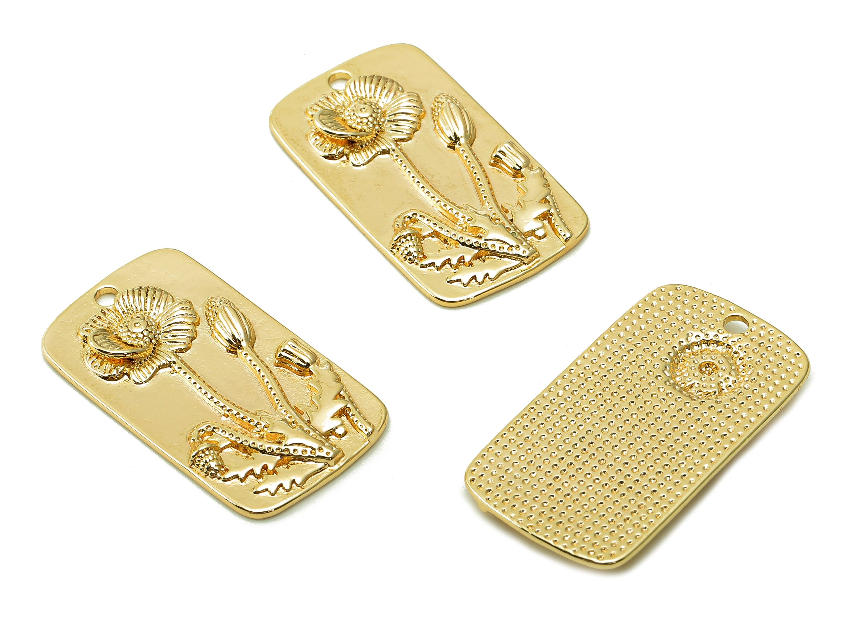 Brass Rectangle Flower Earring Charms - Gold Plant Rectangle Pendant - Botanical Charm - 18K Real Gold Plating - 28.6x16x2.7mm - RGP5386 - DOMEDBAZAAR