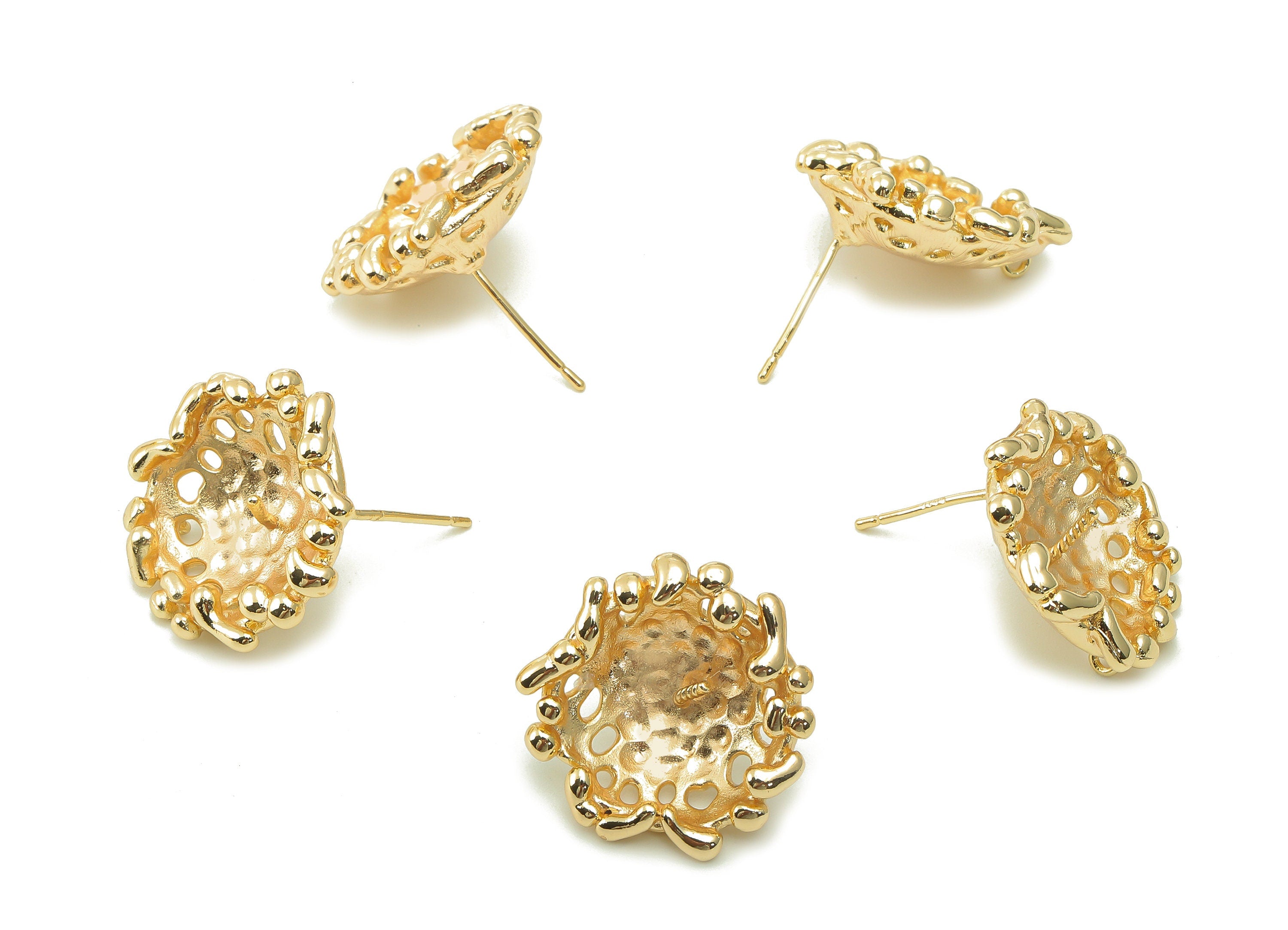 Brass Flower Earring Post - Gold Earring Stud - 925 Silver Stud - 18K Real Gold Plated Brass - 20.7x20x2.3mm - RGP5383 - DOMEDBAZAAR