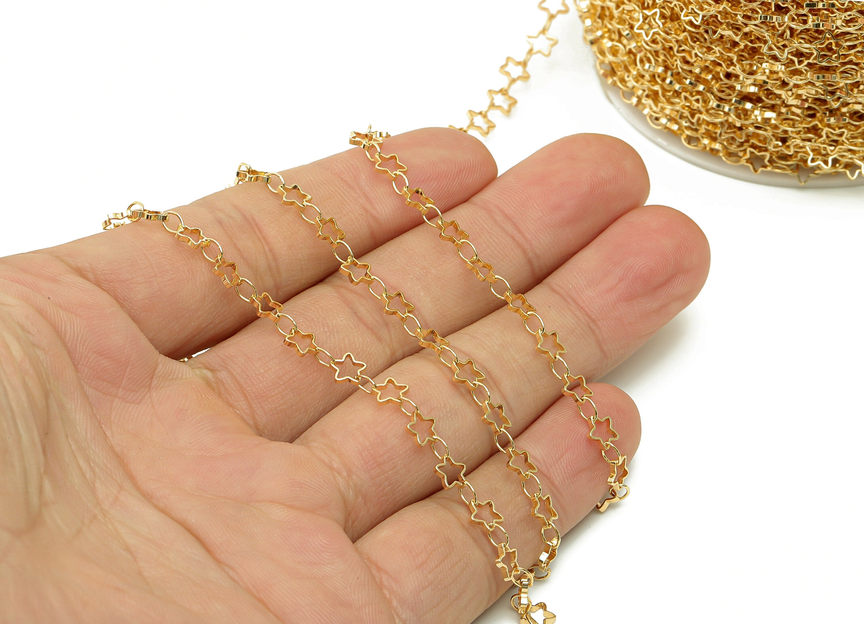 Brass Star Cable Beaded Chain - Gold Bead Satellite Chain - Star Oval Charm For Bracelet - 18K Real Gold Plated Brass - 5x5x0.9mm - RGP5379 - DOMEDBAZAAR
