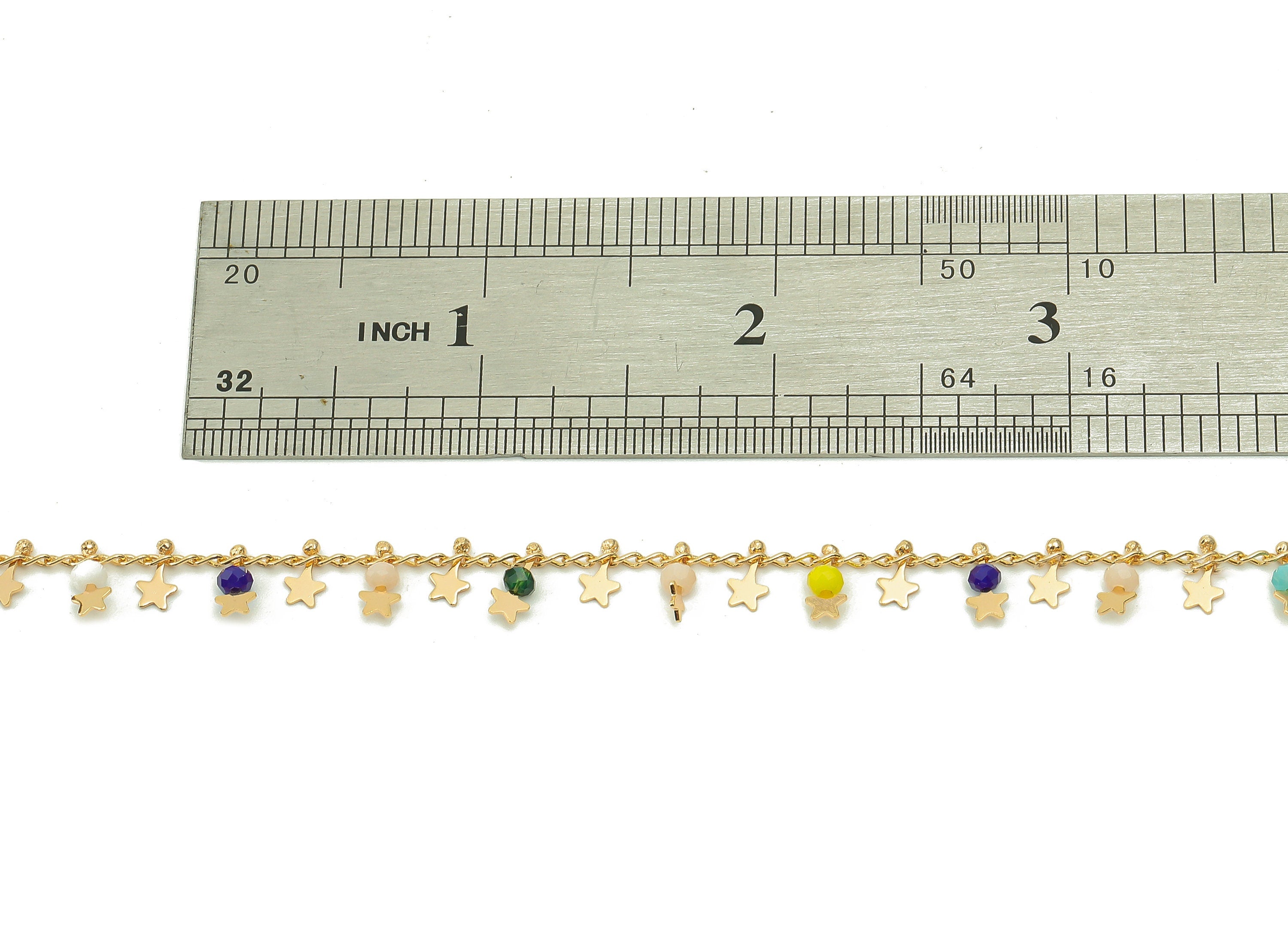 Brass Star Curb Beaded Chain - Acrylic Rainbow Bead Satellite Chain - Oval Charm For Bracelet - 18K Real Gold Plating -8.5x3.7x2.4mm-RGP5378 - DOMEDBAZAAR