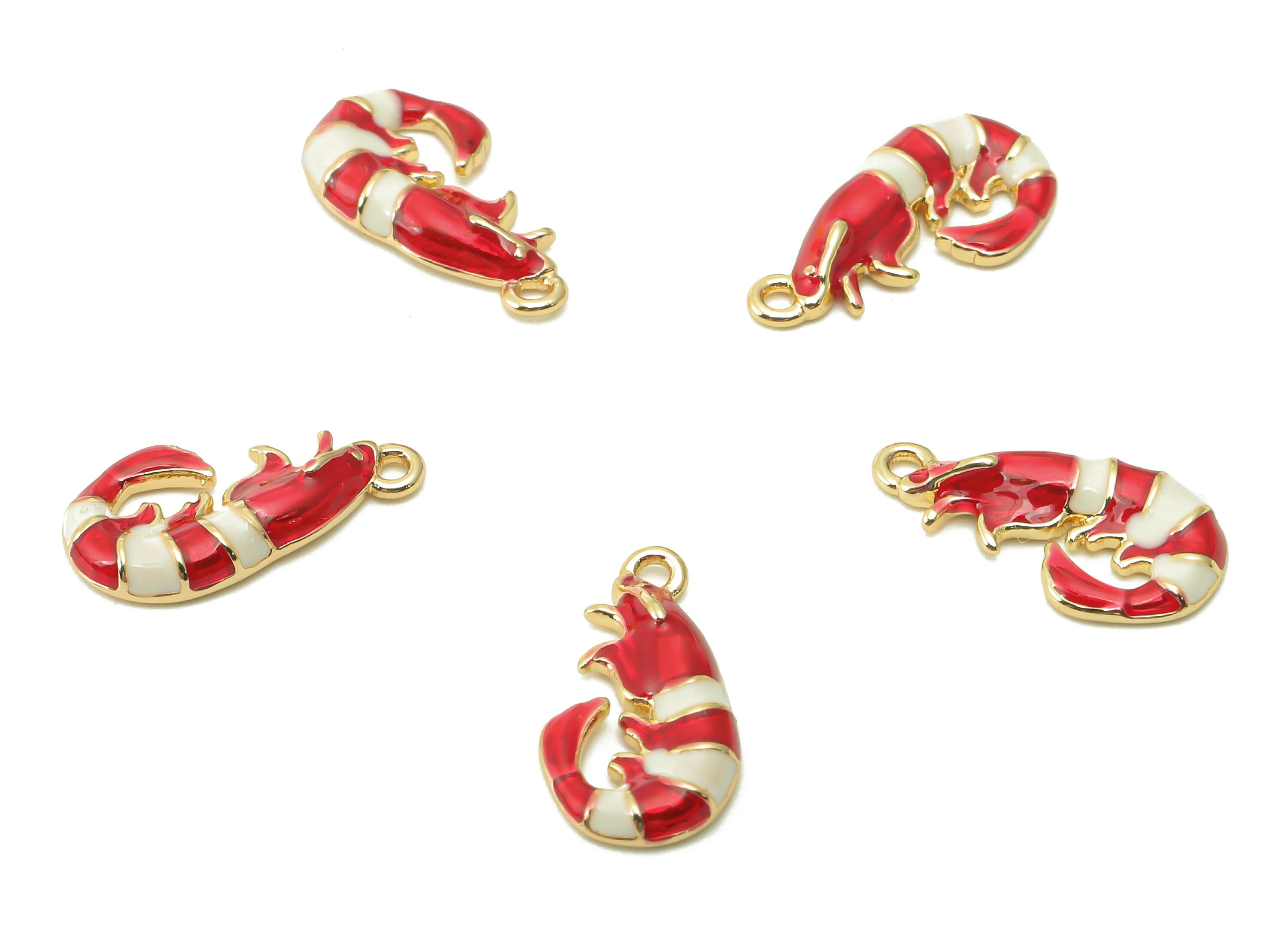 Brass Red Lobster Pendant - Enamel White Lobster Earring - Charm With Loop - 18K Real Gold Plating - 14.2x7.5x2.3mm - RGP5370 - DOMEDBAZAAR