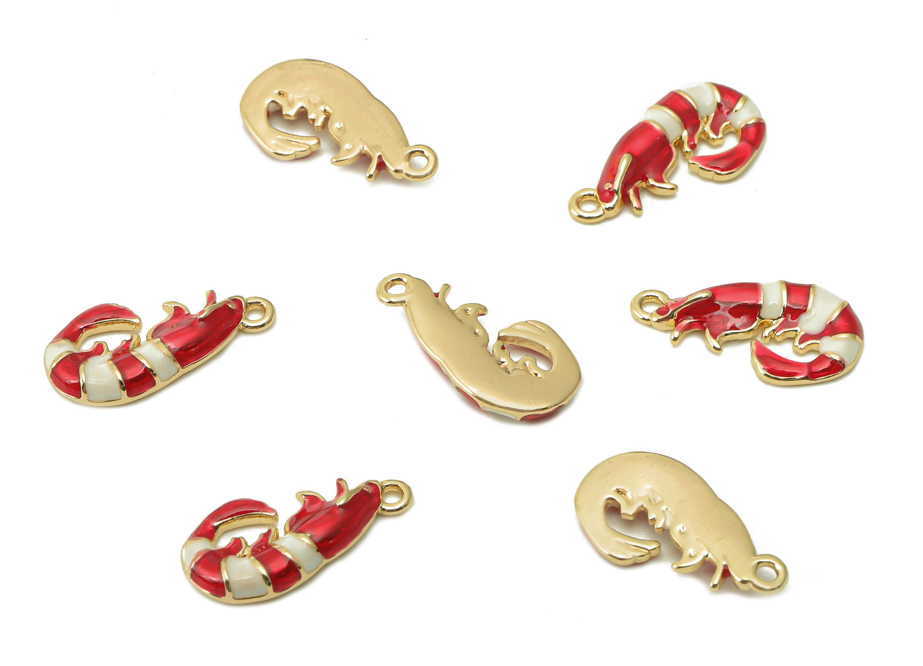 Brass Red Lobster Pendant - Enamel White Lobster Earring - Charm With Loop - 18K Real Gold Plating - 14.2x7.5x2.3mm - RGP5370 - DOMEDBAZAAR