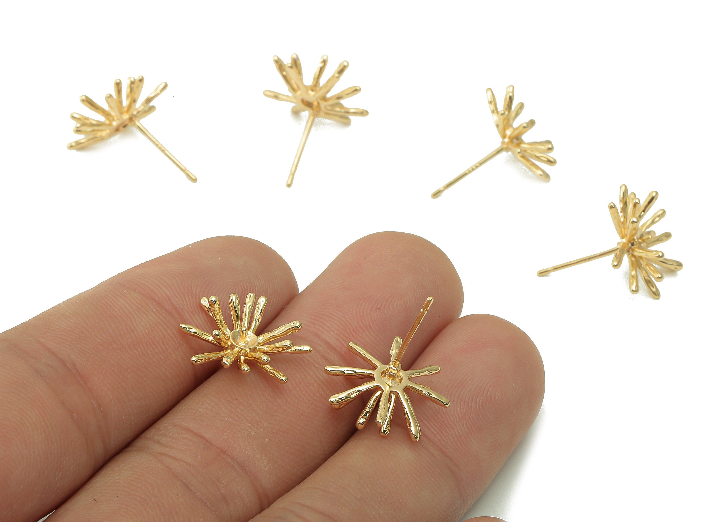 Brass Flower Earring Post - Gold Earring Stud - Spike Stud Earring - 925 Silver Needle - 18K Real Gold Plating - 15.2x15.3x1.3mm - RGP5388 - DOMEDBAZAAR