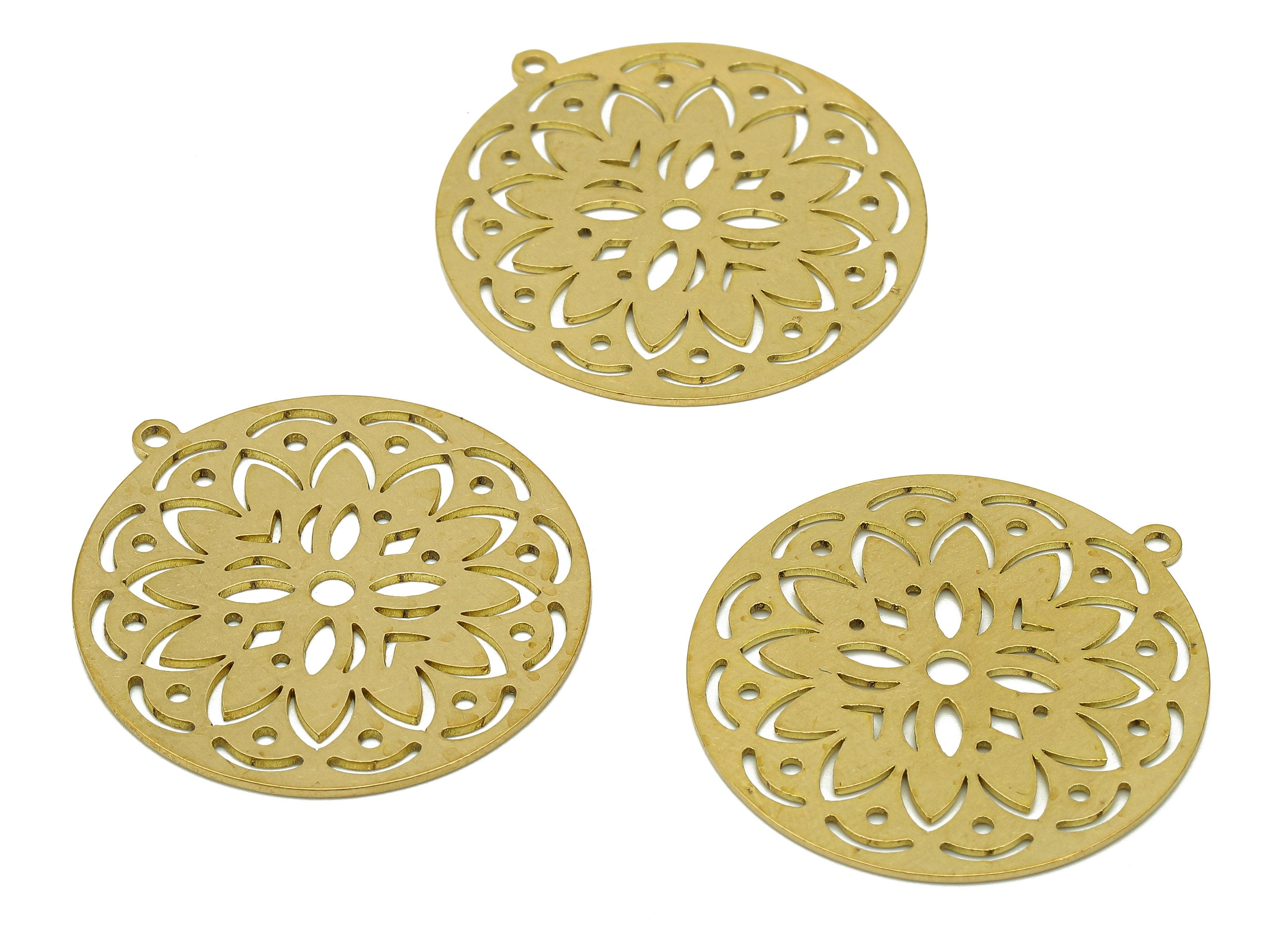 Brass Round Flower Earring Charms - Raw Brass Flower Cutout Earring - Circle Pendant With Loop - For Necklace - 31.9x29.6x0.7mm - PPA6834 - DOMEDBAZAAR