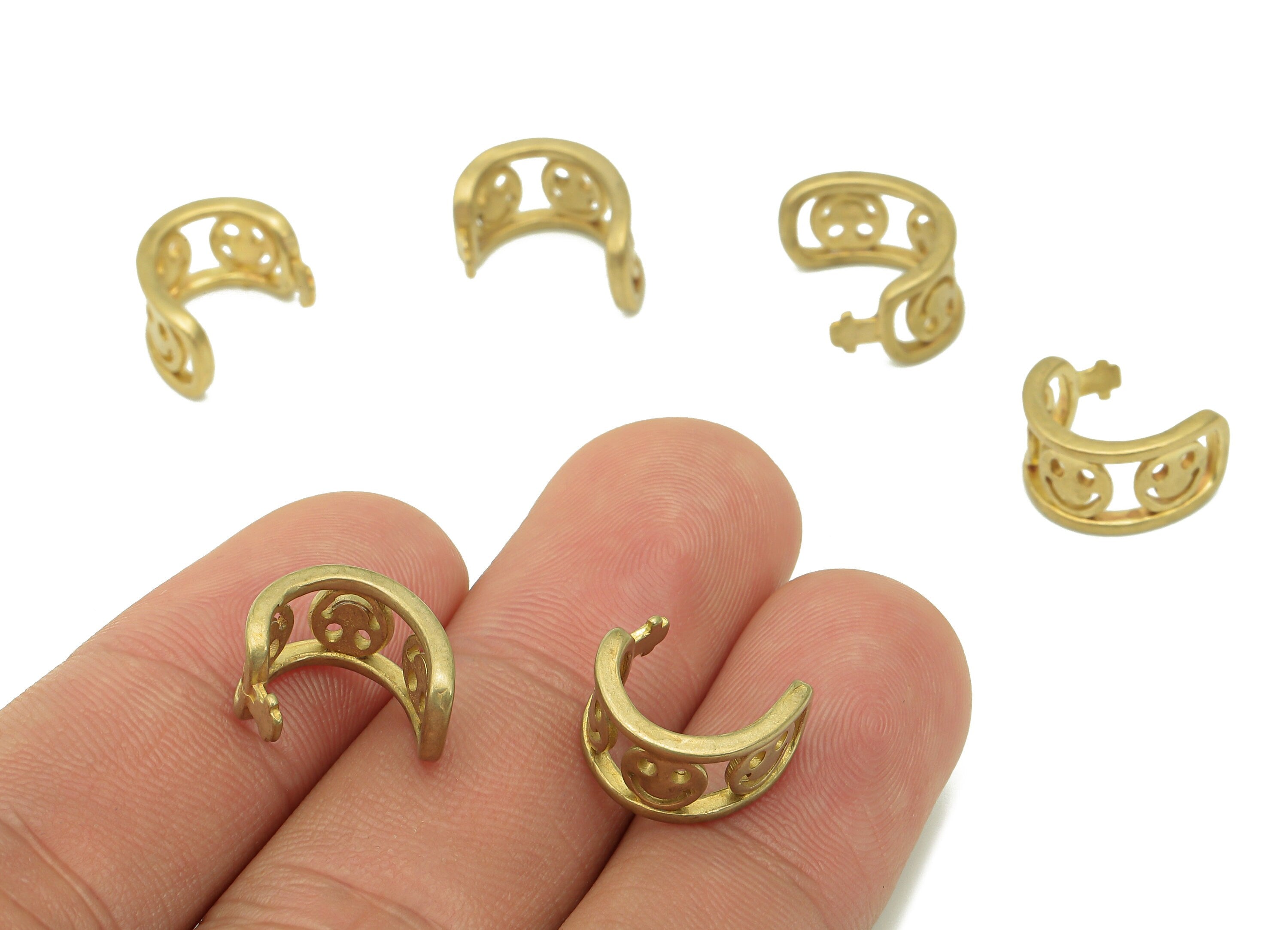 Brass Smile Open Round C Ring - Raw Brass Circle Earring Cuff - Happy Face Hoop Hollow Ear Clip - Cuff Ear - Ear Cuff - 12.4x11x1.5mm-PP8086 - DOMEDBAZAAR