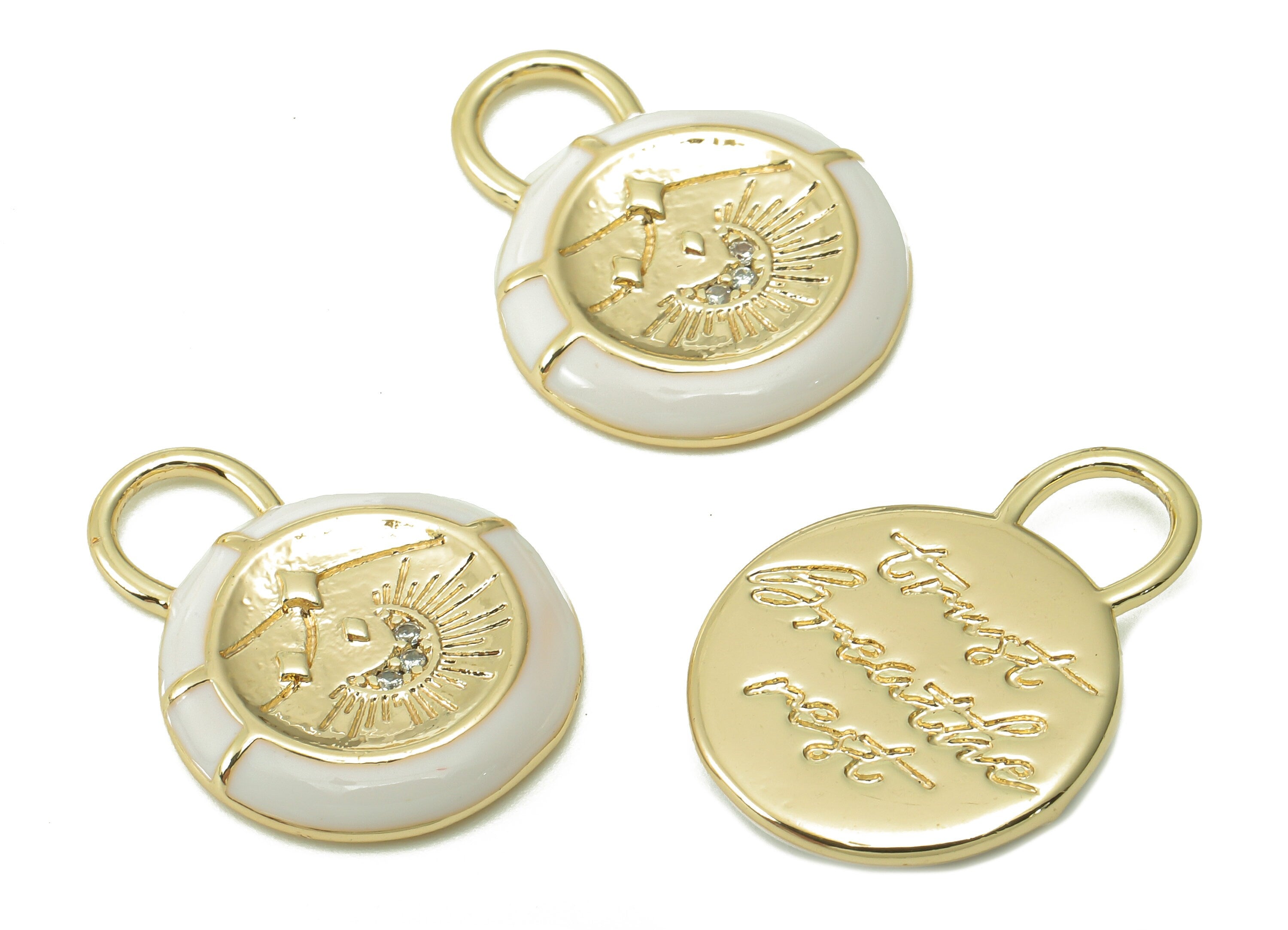 Brass Round Earring Charm - Zircon Crescent White Enamel Earring - Circle Pendant With Loop - 18K Real Gold Plating -24.3x18.1x3.2mm-RGP5396 - DOMEDBAZAAR