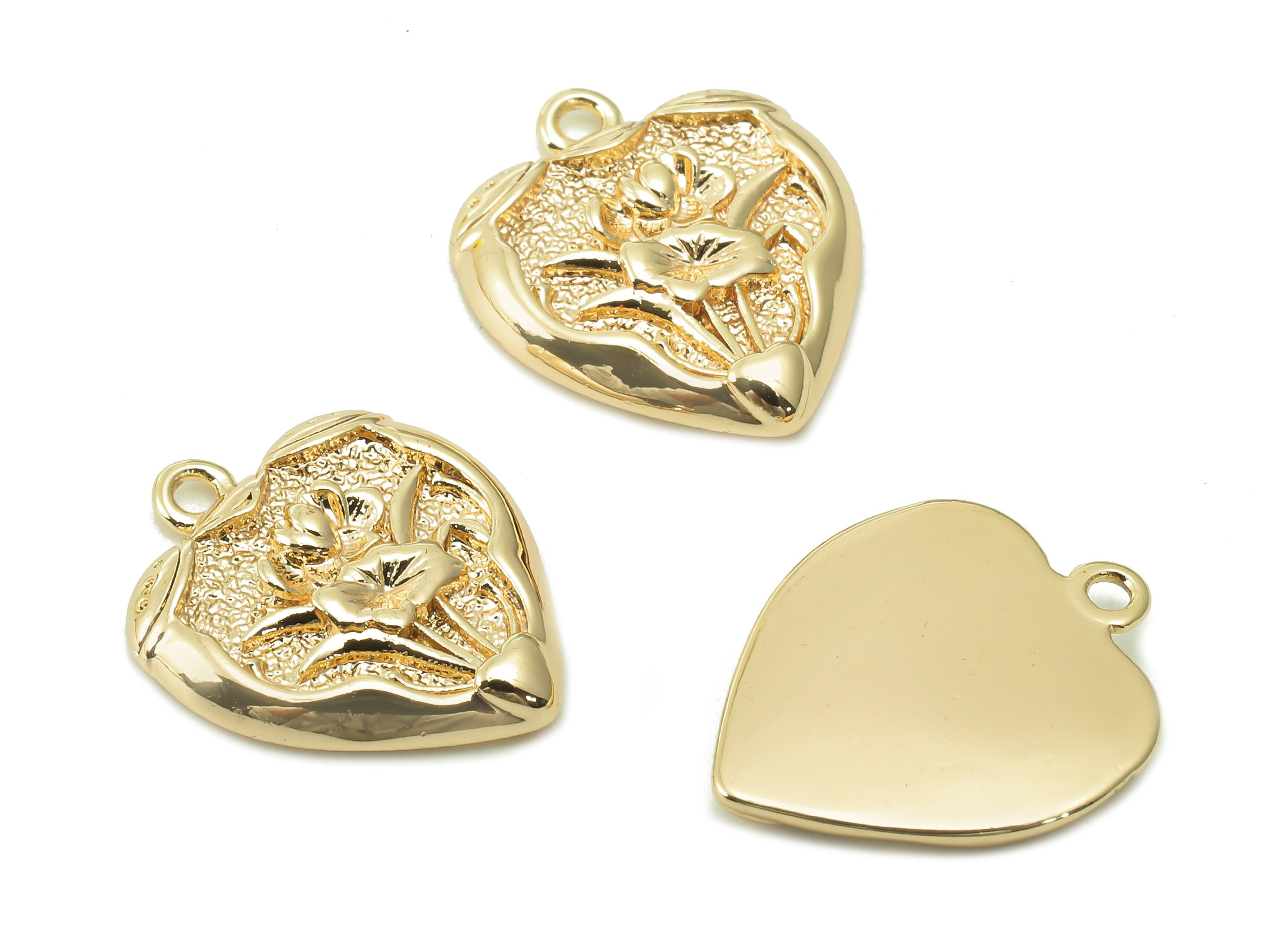 Brass Flower Heart Earring Charm - Gold Flower Heart Earring - Pendant With Loop - 18K Real Gold Plating Necklace - 17.1x14.2x2.6mm -RGP5404 - DOMEDBAZAAR