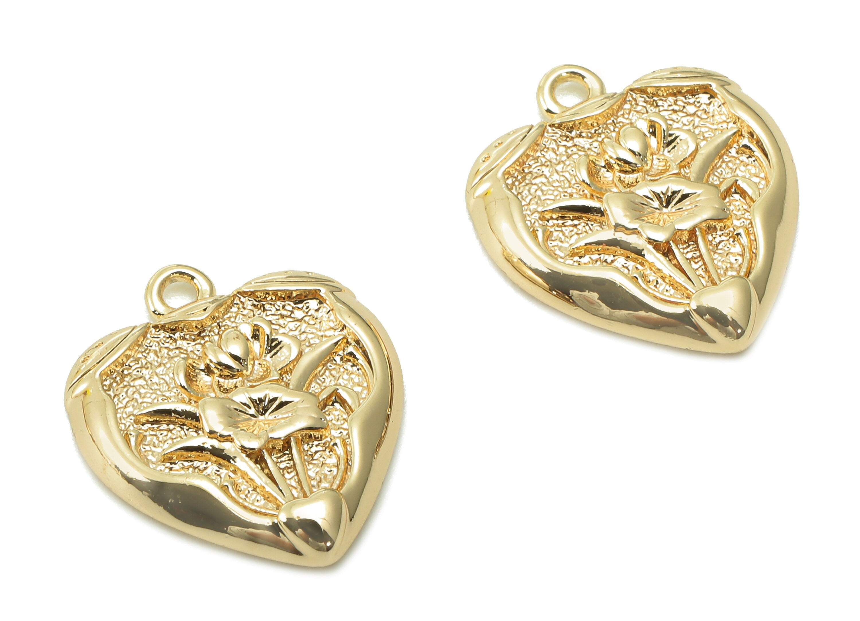 Brass Flower Heart Earring Charm - Gold Flower Heart Earring - Pendant With Loop - 18K Real Gold Plating Necklace - 17.1x14.2x2.6mm -RGP5404 - DOMEDBAZAAR