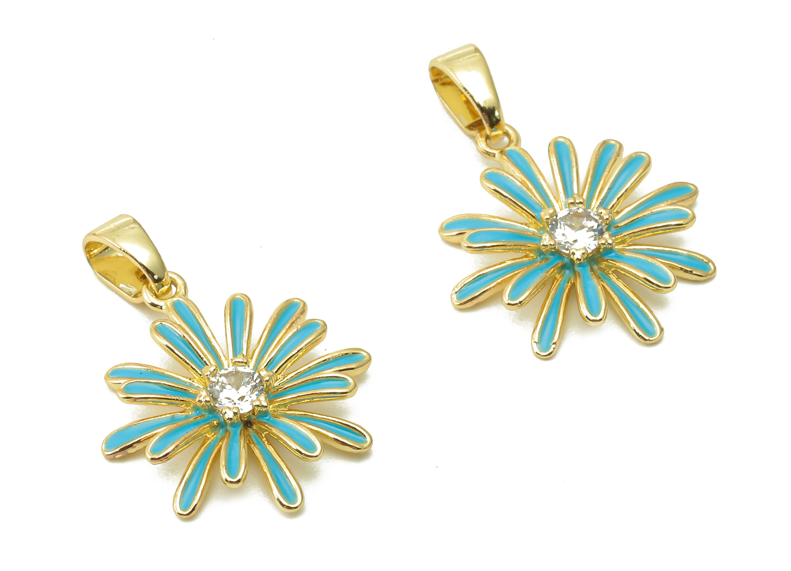 Brass Blue Enamel Flower Pendant - Zircon Daisy Earring With Loop - Charm For Necklace - 18K Real Gold Plating - 17.4x15.1x2.7mm - RGP5421A - DOMEDBAZAAR