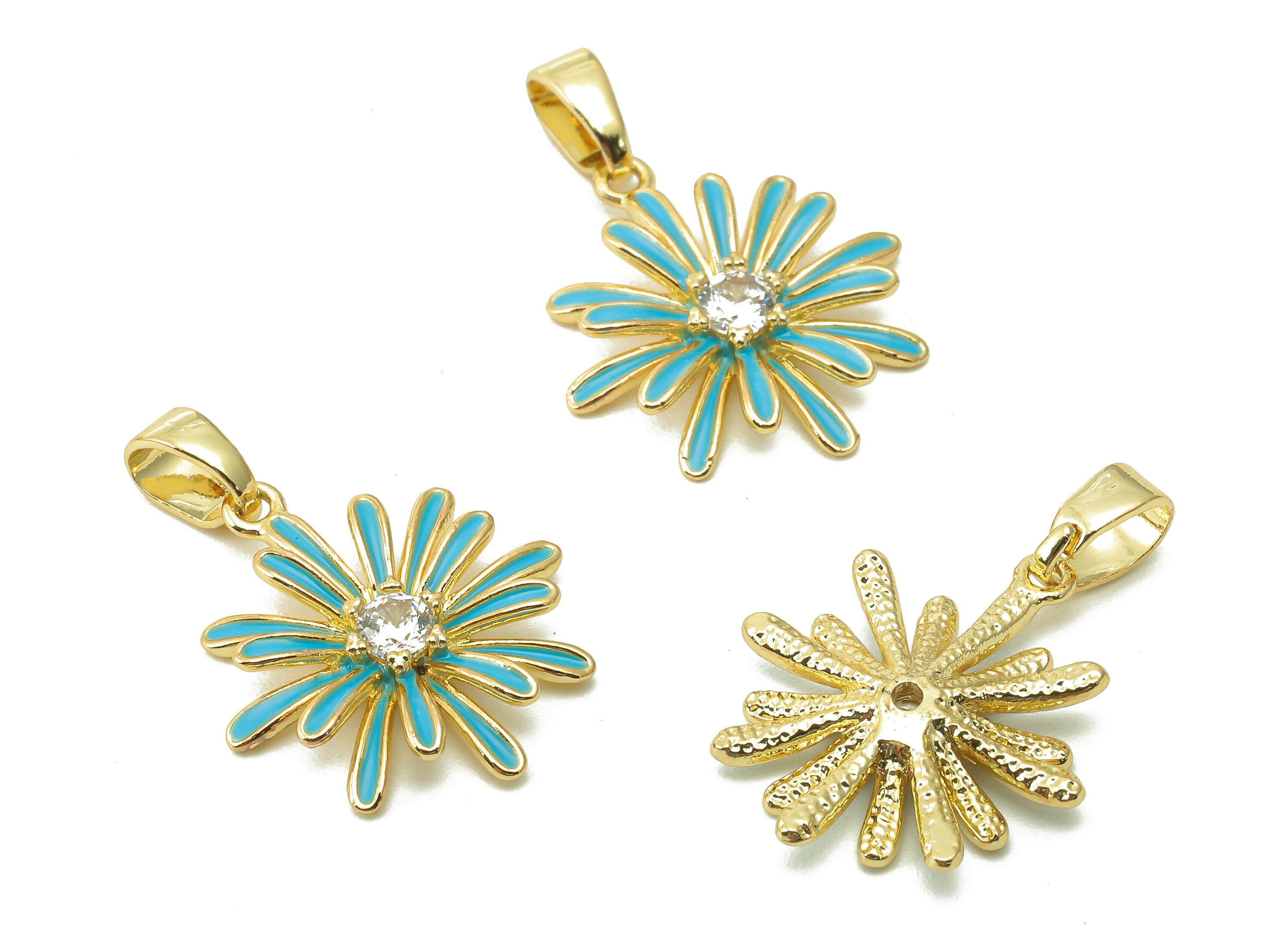 Brass Blue Enamel Flower Pendant - Zircon Daisy Earring With Loop - Charm For Necklace - 18K Real Gold Plating - 17.4x15.1x2.7mm - RGP5421A - DOMEDBAZAAR