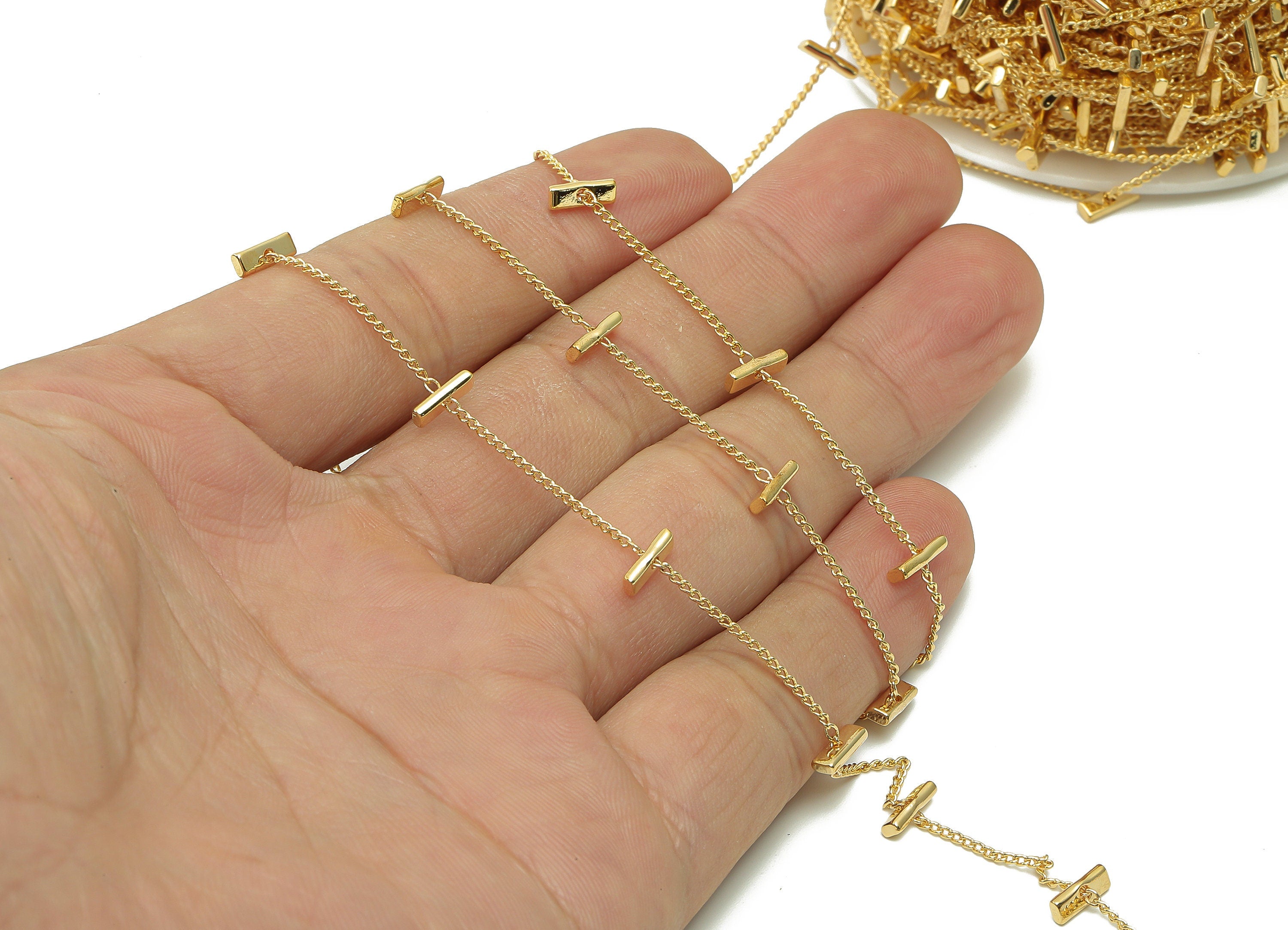 Brass Rectangle Bar Curb Chain - Gold Bar Satellite Chain - Cuboid Mini Stick For Bracelet - 18K Real Gold Plating - 7x2.5x1.4mm - RGP5428 - DOMEDBAZAAR