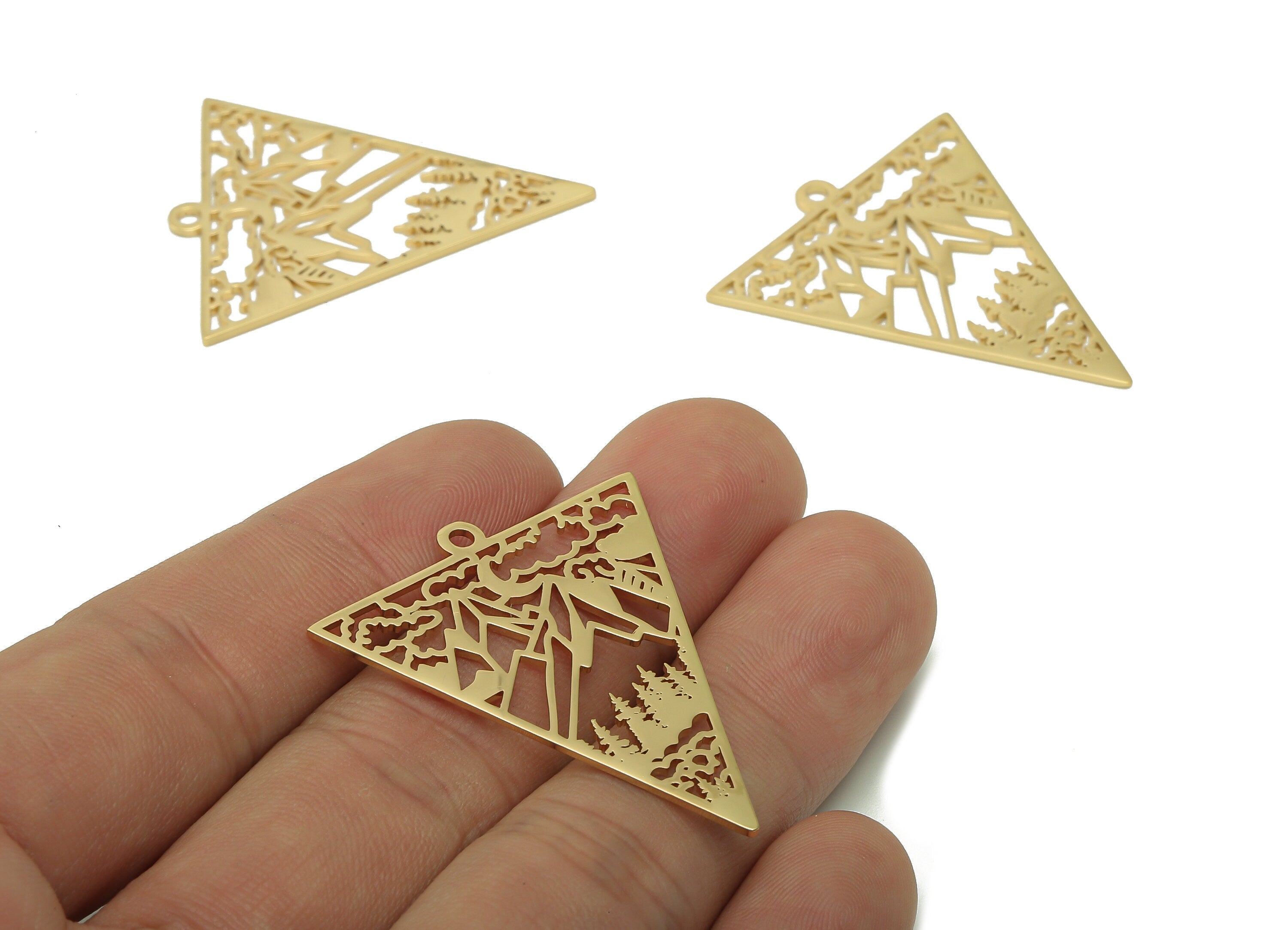 Steel Triangle Landscape Mountain Earring – Tree Cloud Pendant With Loop - 201 Stainless Steel - 18K Real Gold Plating - 38.8x33x1mm-SS1403G - DOMEDBAZAAR