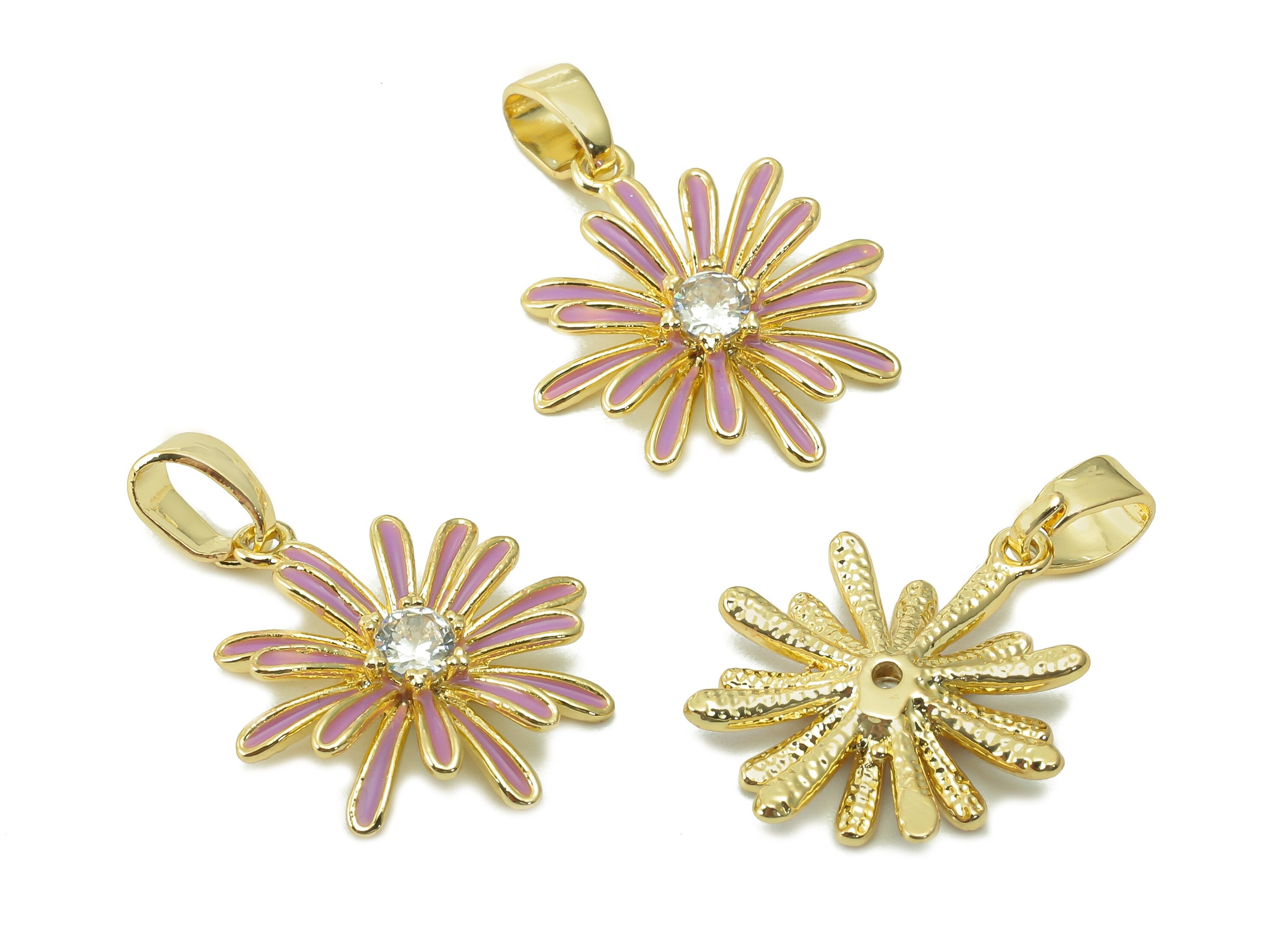 Brass Pink Enamel Flower Pendant - Zircon Daisy Earring With Loop - Charm For Necklace - 18K Real Gold Plating - 17.4x15.1x2.7mm - RGP5421C - DOMEDBAZAAR