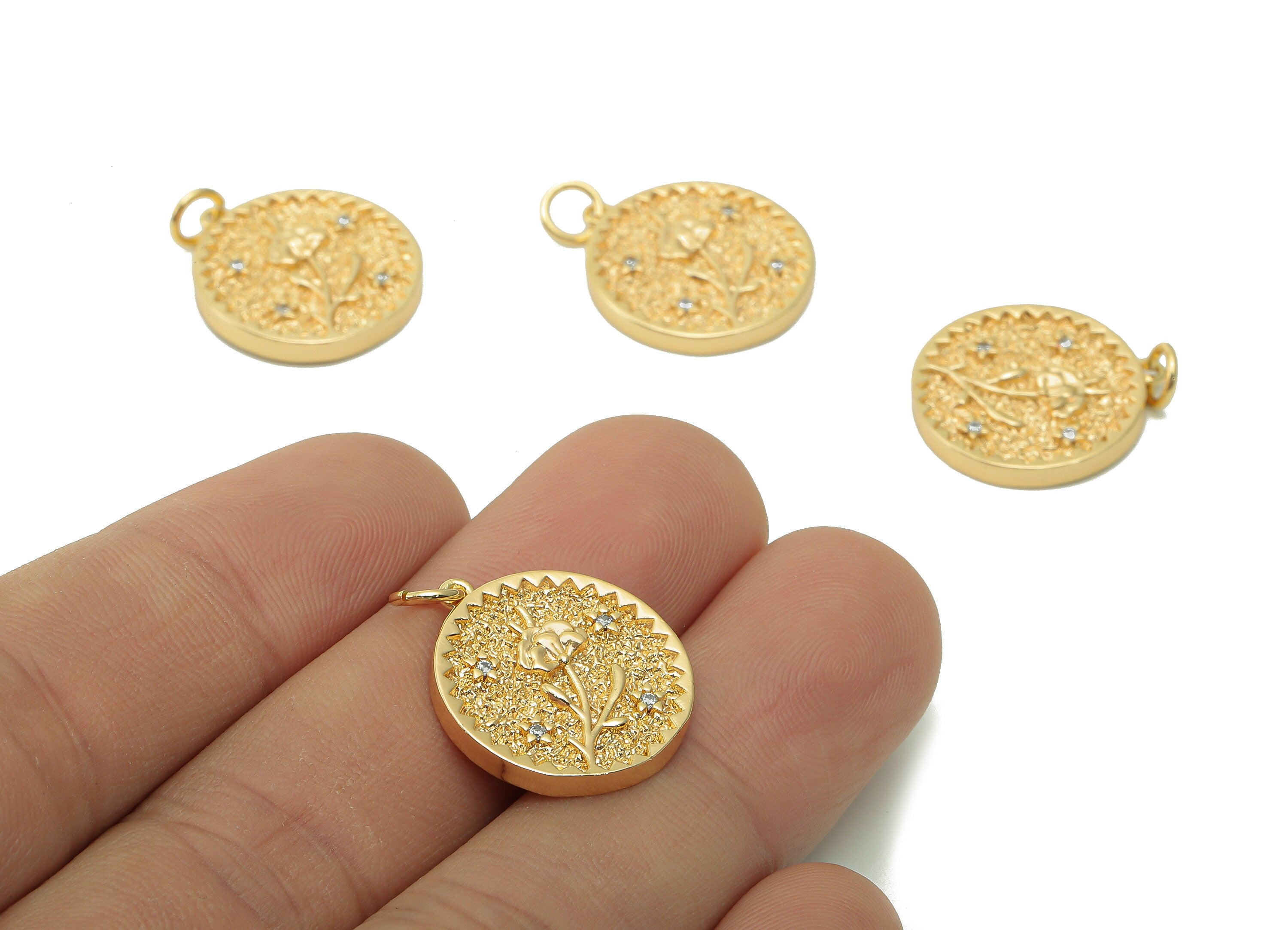 Brass Zig Zag Round Pendant - Zircon Flower Earring - Botanical Charm With Loop - 18K Real Gold Plating Necklace - 19.5x17.5x2.5mm -RGP5409B - DOMEDBAZAAR