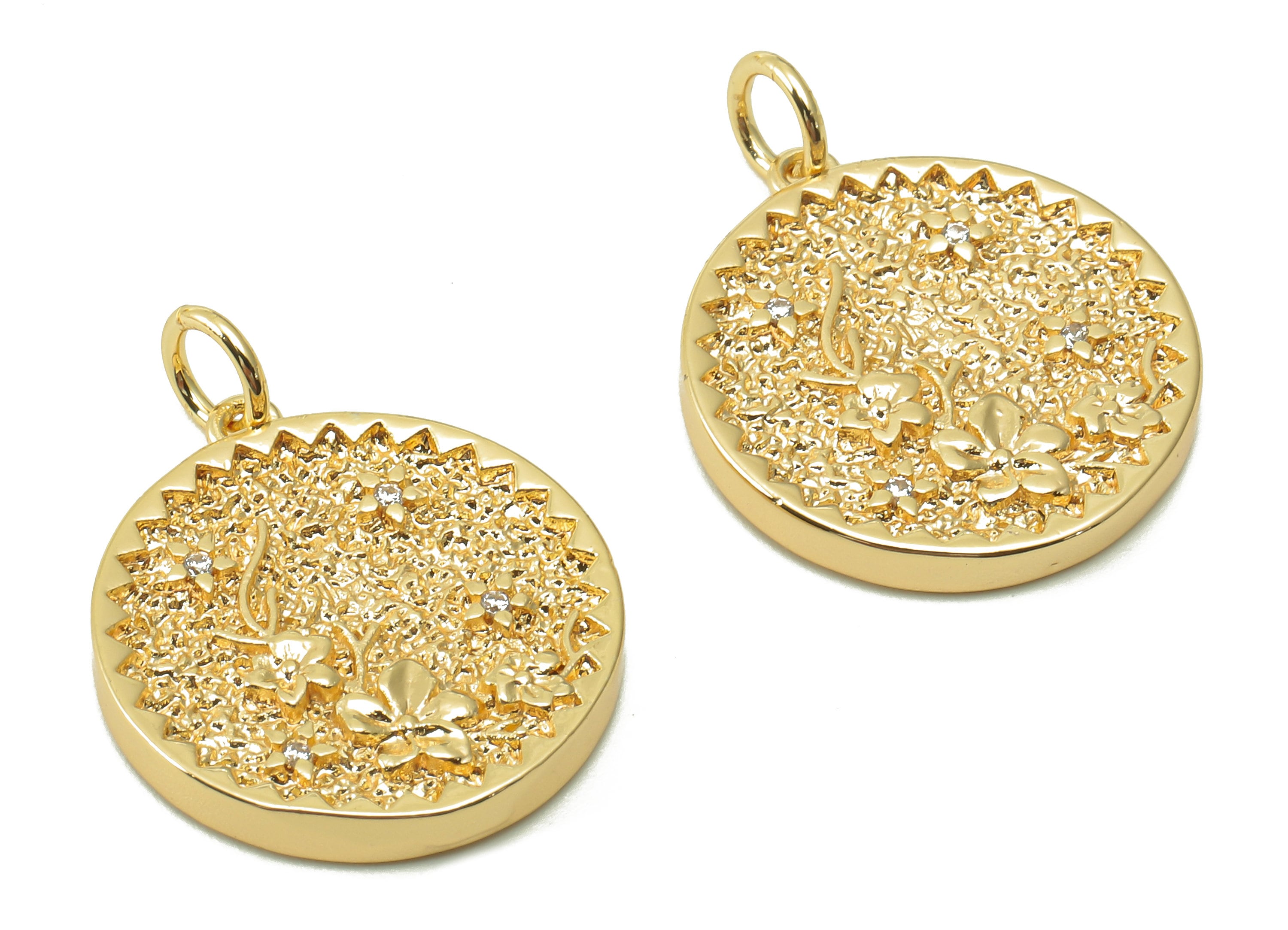 Brass Zig Zag Round Pendant - Zircon Periwinkle Flower Earring - Botanical Charm With Loop -18K Real Gold Plating - 19.5x17.5x2.5mm-RGP5409G - DOMEDBAZAAR