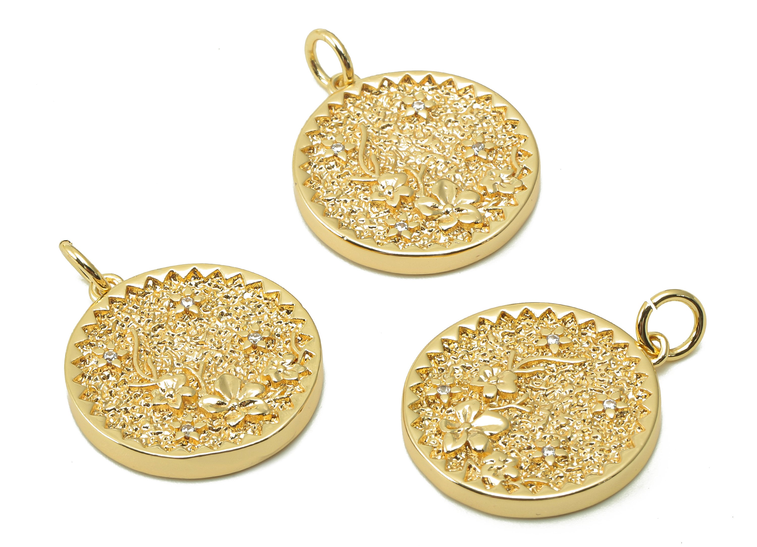 Brass Zig Zag Round Pendant - Zircon Periwinkle Flower Earring - Botanical Charm With Loop -18K Real Gold Plating - 19.5x17.5x2.5mm-RGP5409G - DOMEDBAZAAR