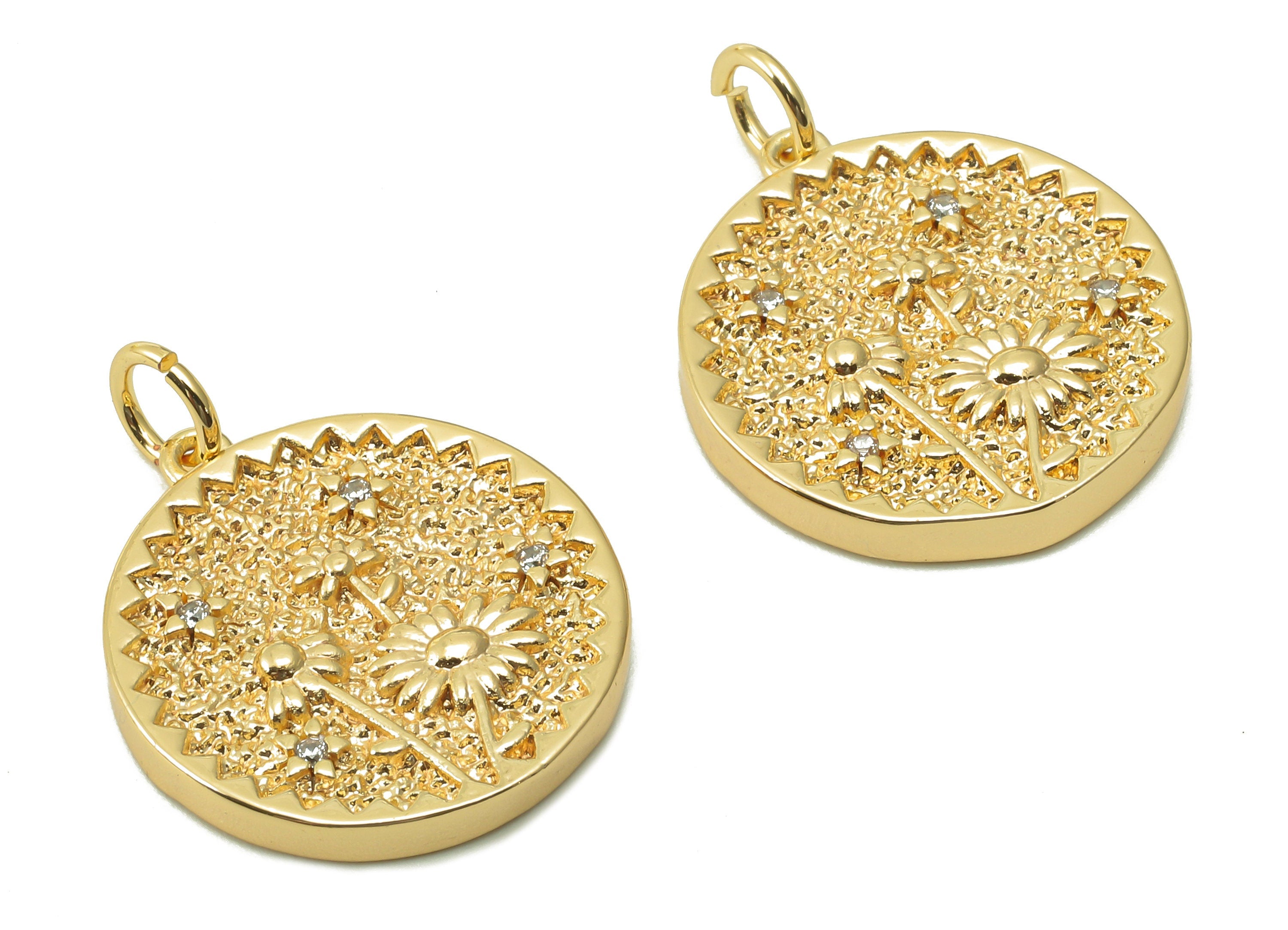 Brass Zig Zag Round Pendant - Zircon Daisy Flower Earring - Botanical Charm With Loop - 18K Real Gold Plating - 19.5x17.5x2.5mm - RGP5409J - DOMEDBAZAAR