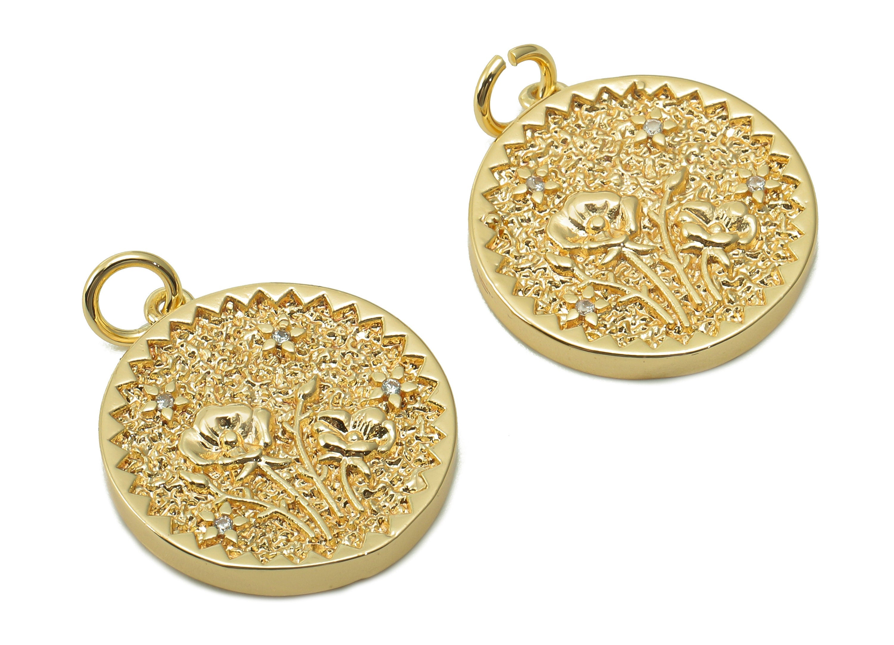 Brass Zig Zag Round Pendant - Zircon Phalaenopsis Flower Earring - Botanical Charm With Loop -18K Real Gold Plating-19.5x17.5x2.5mm-RGP5409L - DOMEDBAZAAR