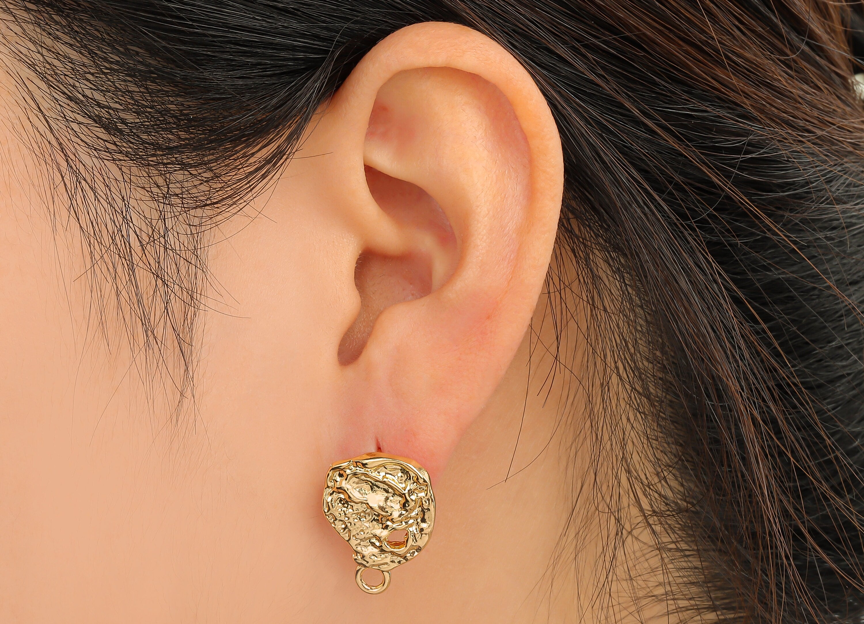 Brass Earring Stud - Brass Hammered Stud Earring - 18K Real Gold Plated Brass Post - Imitation Silver Stud - 20.21x14.87x2.18mm - RGP4541 - DOMEDBAZAAR