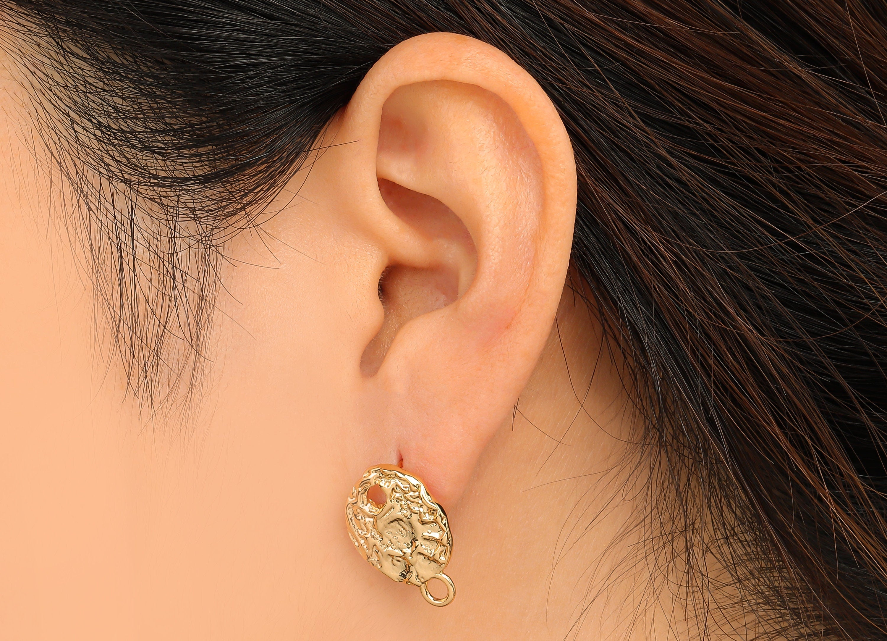 Gold Oval Earring Stud - Brass Hammered Stud With Loop - 18K Real Gold Plated Brass Earring - Imitation Silver Stud - 20.3x14x1.7mm- RGP4547 - DOMEDBAZAAR