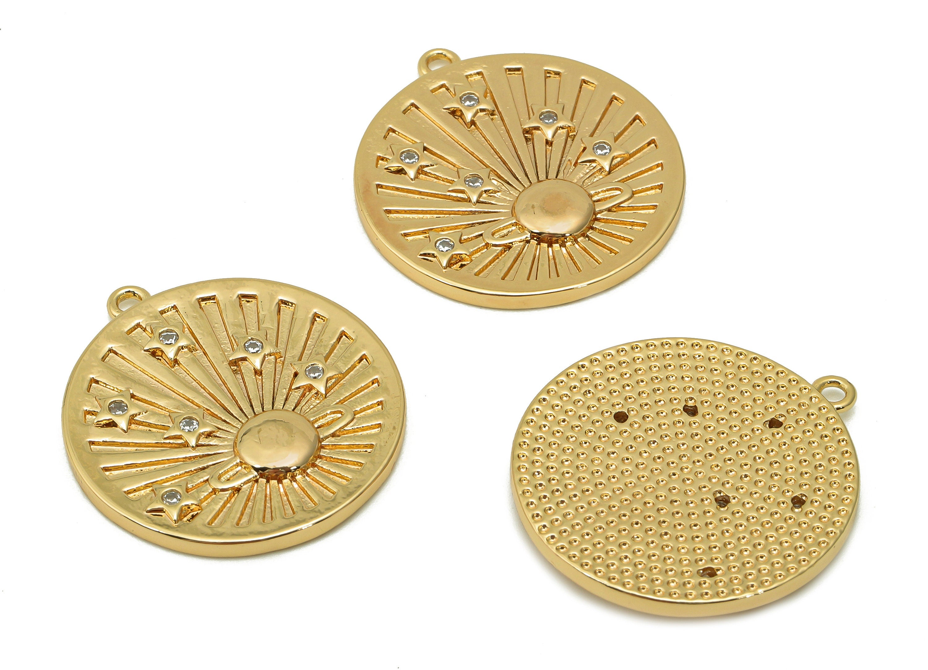 Brass Round Shine Pendant Charm - Zircon Sun Planet Earring - Circle Star Charm With Loop - 18K Real Gold Plating - 25.3x22.6x2.4mm -RGP5550 - DOMEDBAZAAR