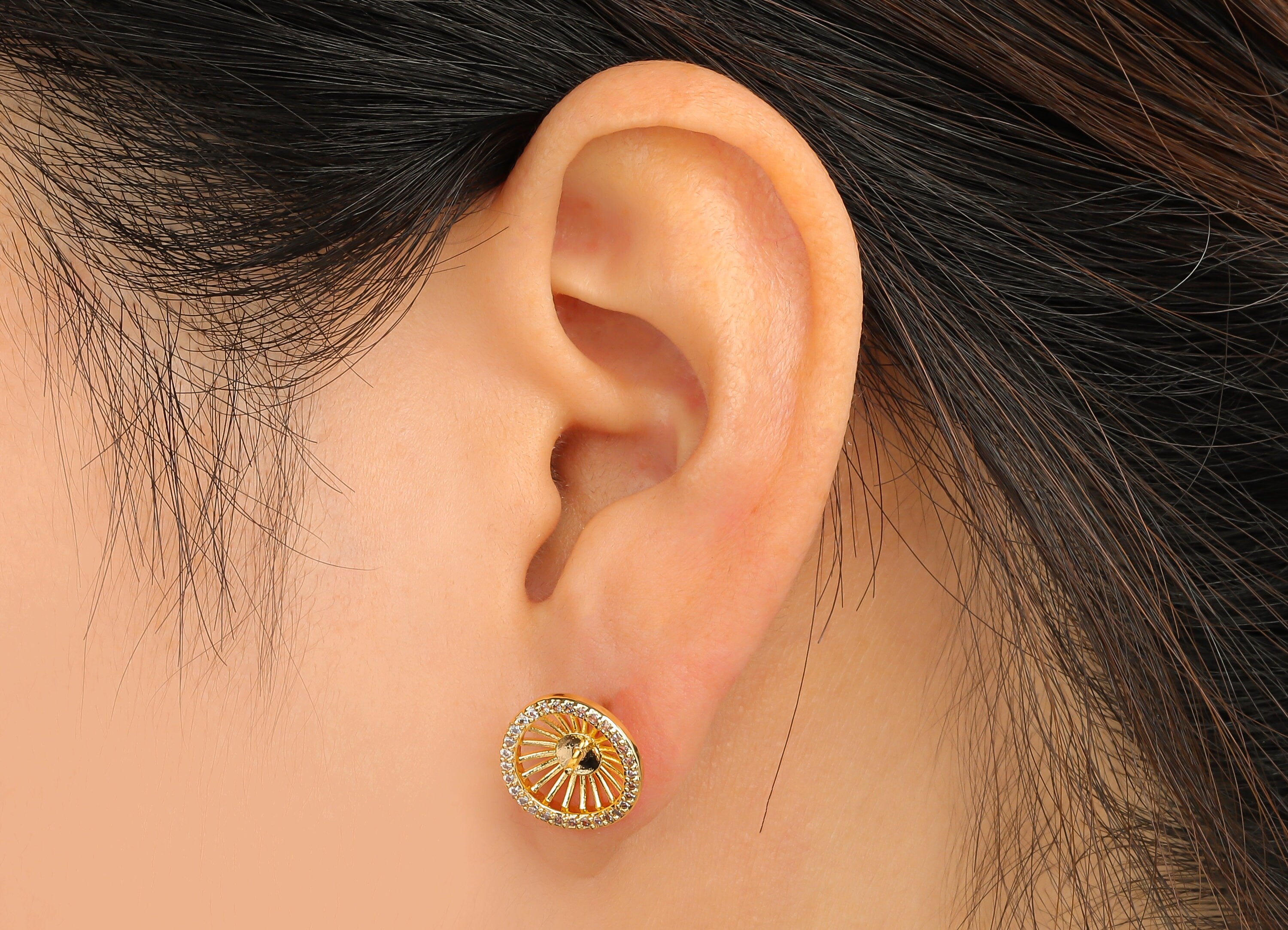 Brass  Earring Stud - Brass  Round Earring with Zircon - Flower Earring Post - 18K Real Gold Plating - For Pearl - 12.2x12.1x1.9mm - RGP4650 - DOMEDBAZAAR