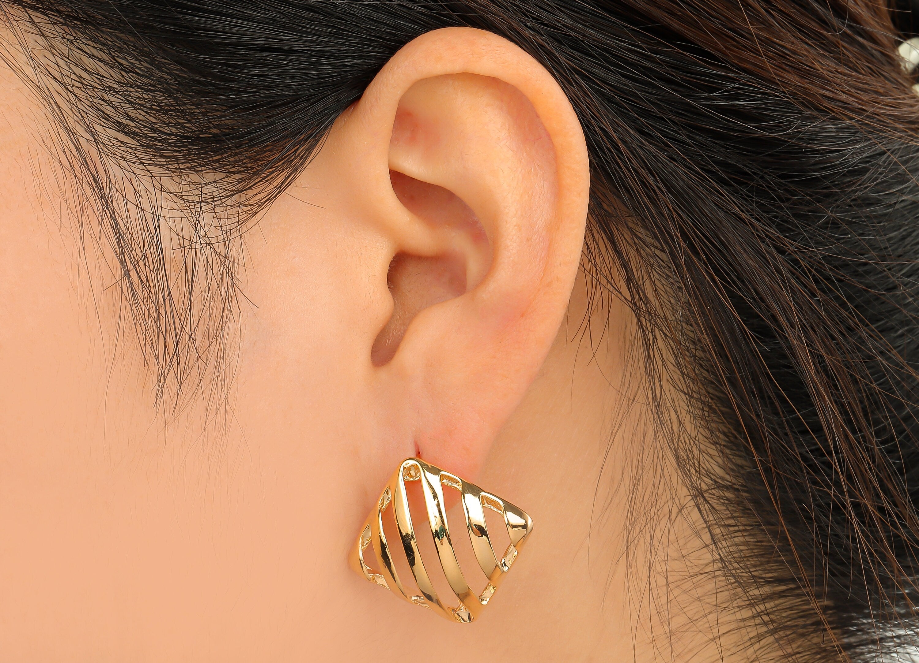 Brass Rhombus Stud Earring - Brass Square Stripe Earring Post With Loop - 18K Real Gold Plating - Earring Finding - 25.6x25.6x2.9mm -RGP4671 - DOMEDBAZAAR