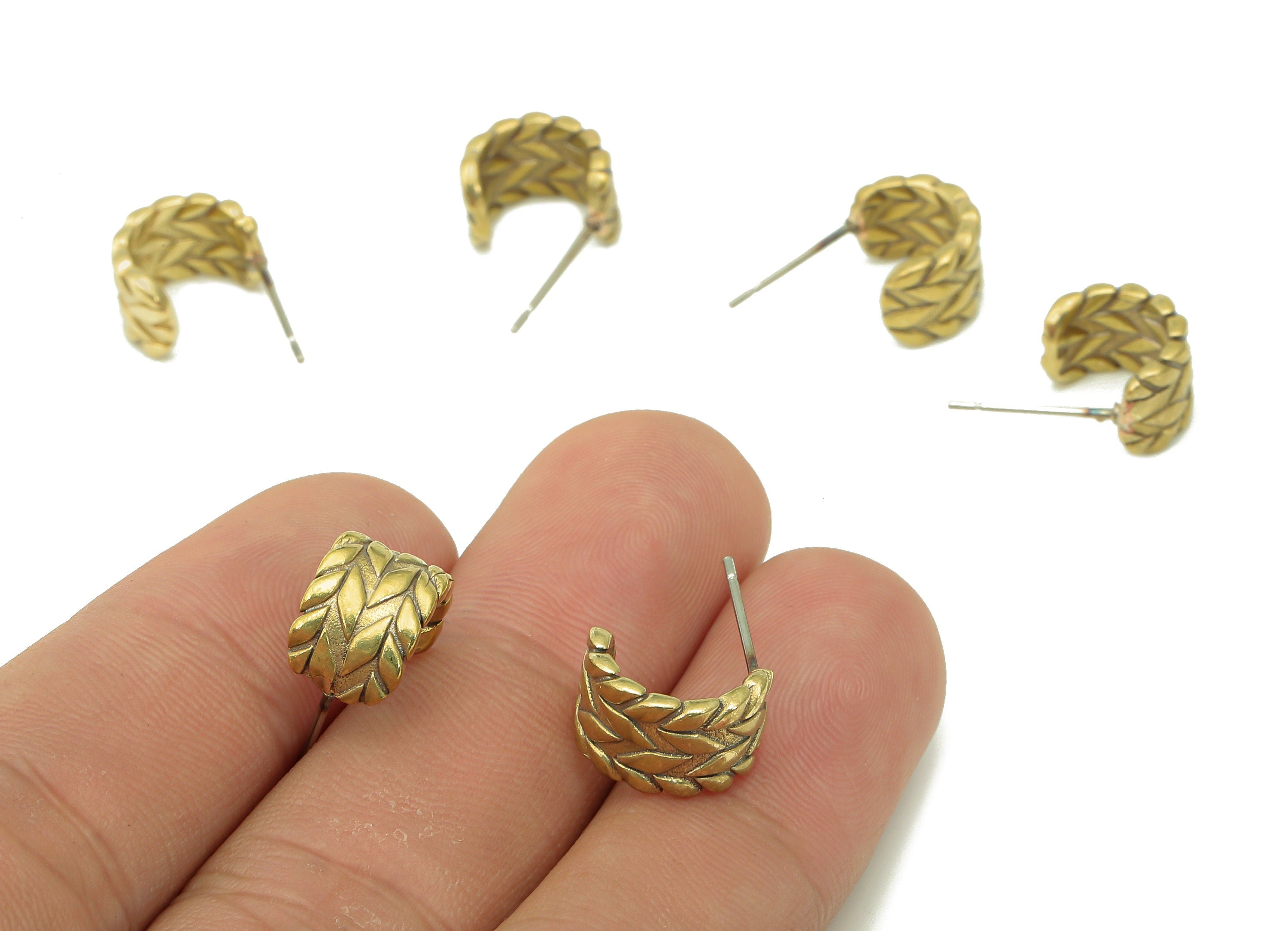 Brass Semicircle C Stud Earring - Raw Brass Leaf Textured Earring Post - Wide Earring Stud - 316 Stainless Steel - 11.5x8.3x1.8mm - PP8101 - DOMEDBAZAAR