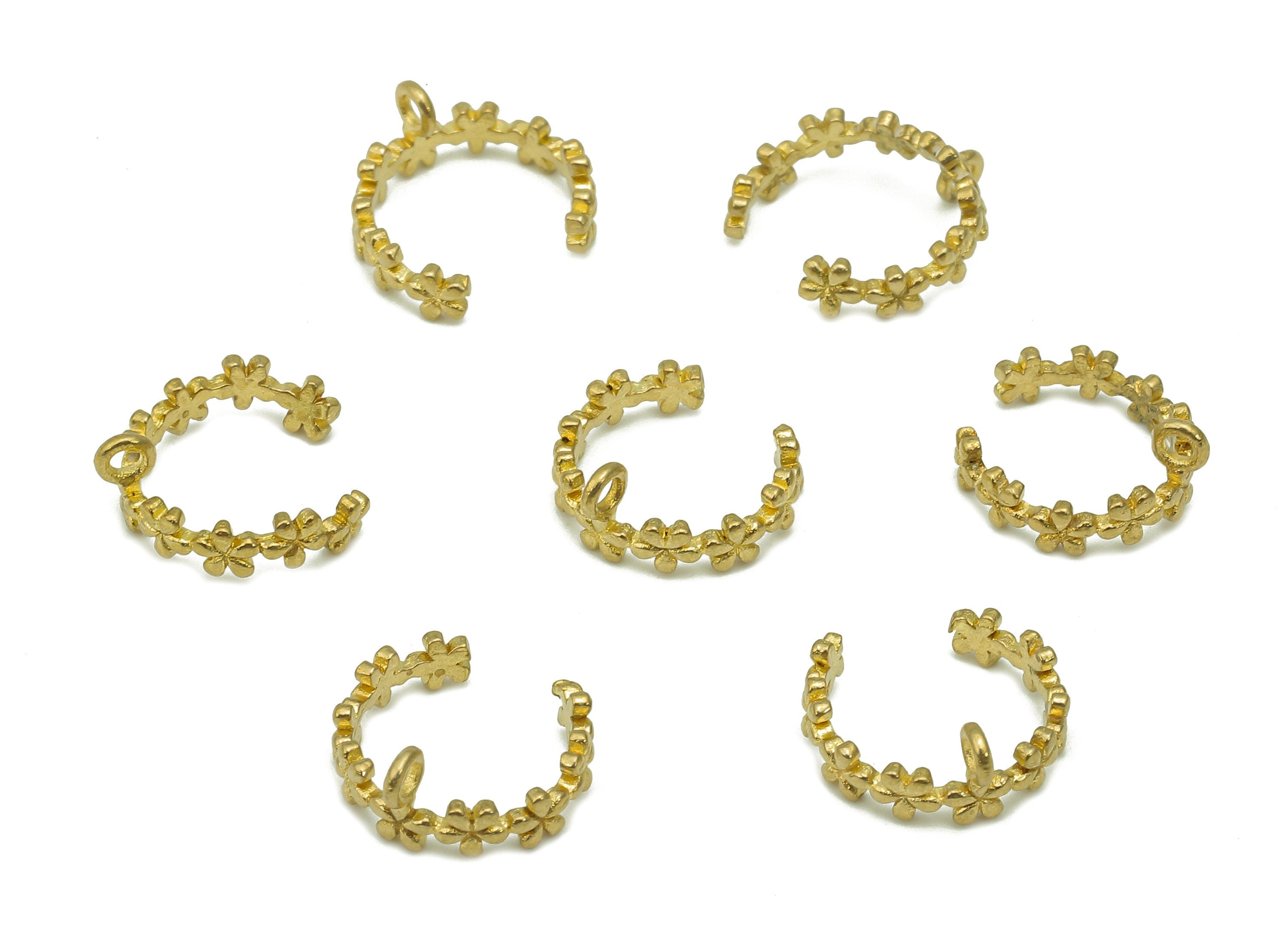 Brass Flower Open Round C Ring - Raw Brass Cuff Earring With Loop - Pattern Ear Clip - Circle Earring Cuff - 11.14x10.37x0.89mm - PP8106 - DOMEDBAZAAR