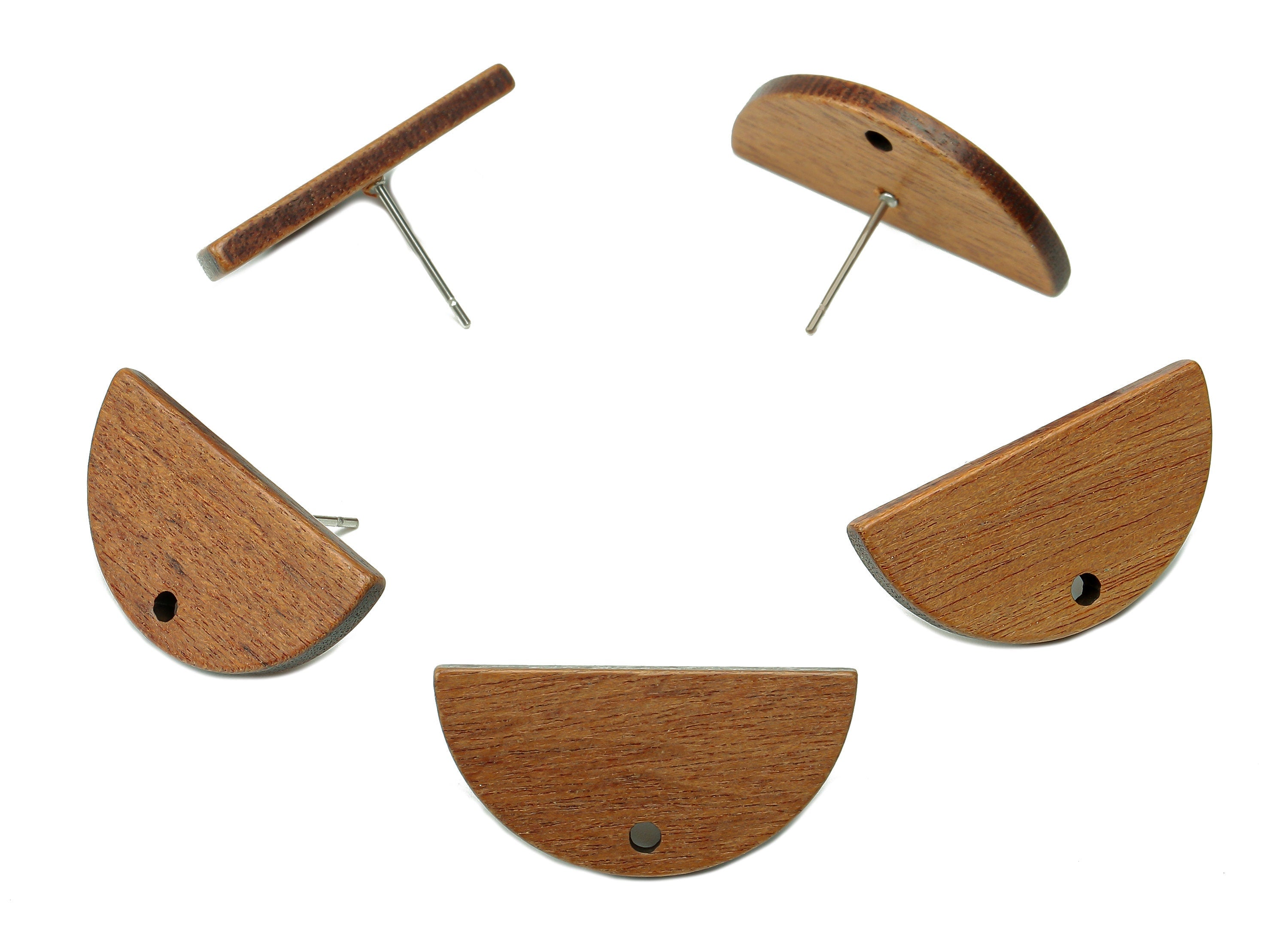 Natural Wooden Semicircle Stud Earring - Walnut Wood Earring Post - Brown Half Round Charm - 316 Stainless Steel Stud-25.9x12.9x2.6mm-BB1294 - DOMEDBAZAAR
