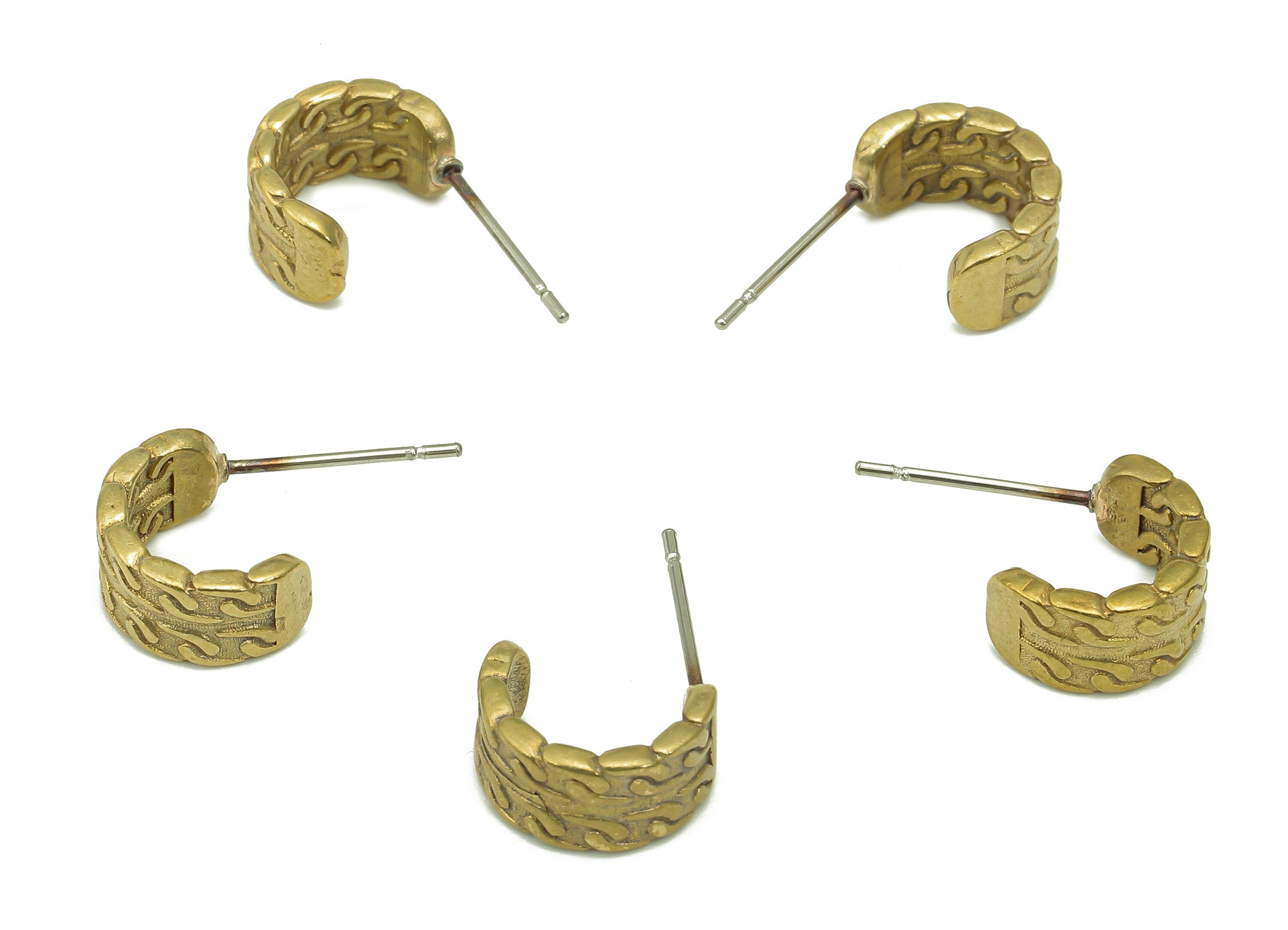 Brass Semicircle C Stud Earring - Raw Brass Leaf Textured Earring Post - Wide Earring Stud - 316 Stainless Steel - 11.32x8.53x1.7mm - PP8102 - DOMEDBAZAAR