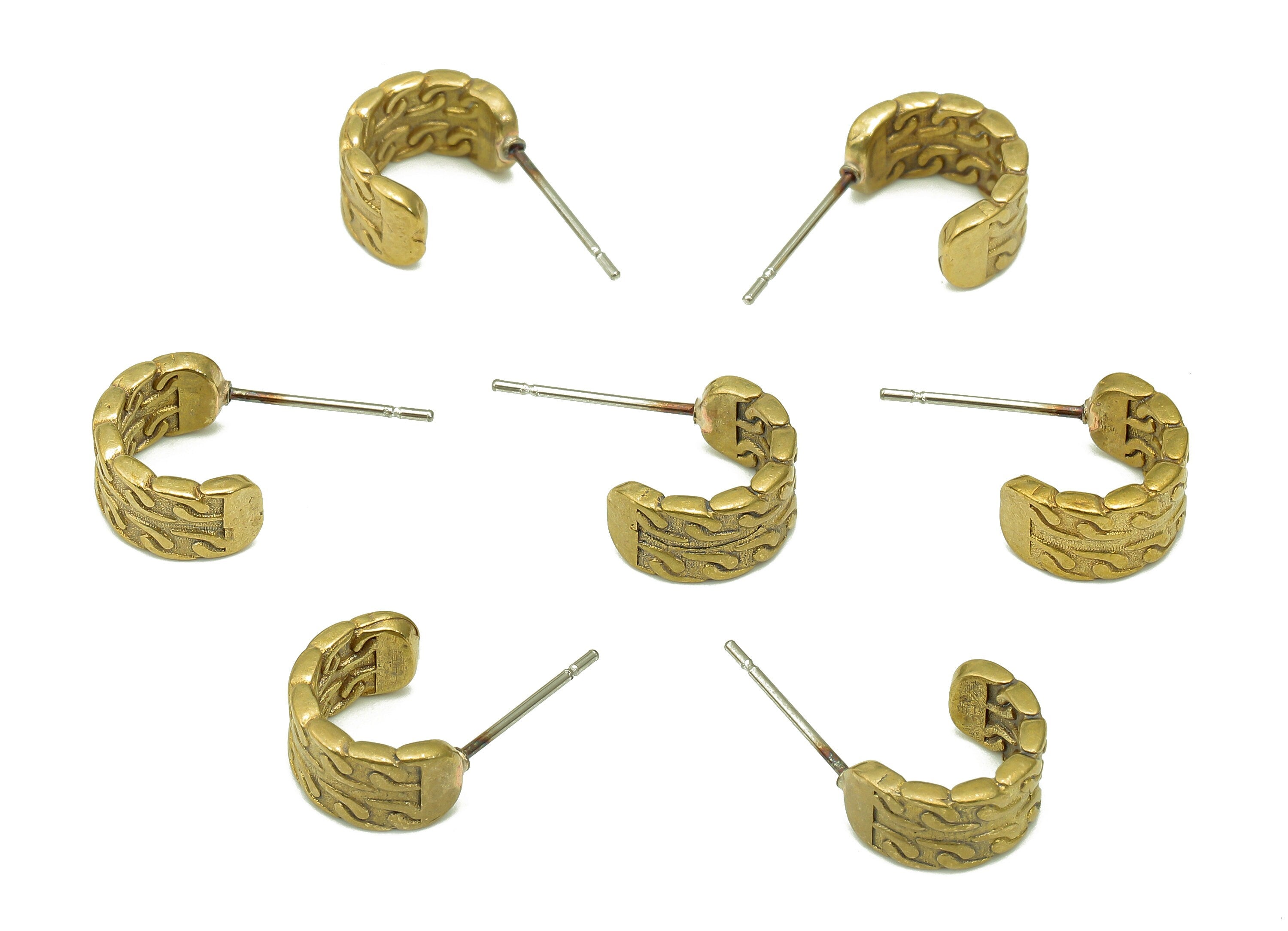 Brass Semicircle C Stud Earring - Raw Brass Leaf Textured Earring Post - Wide Earring Stud - 316 Stainless Steel - 11.32x8.53x1.7mm - PP8102 - DOMEDBAZAAR