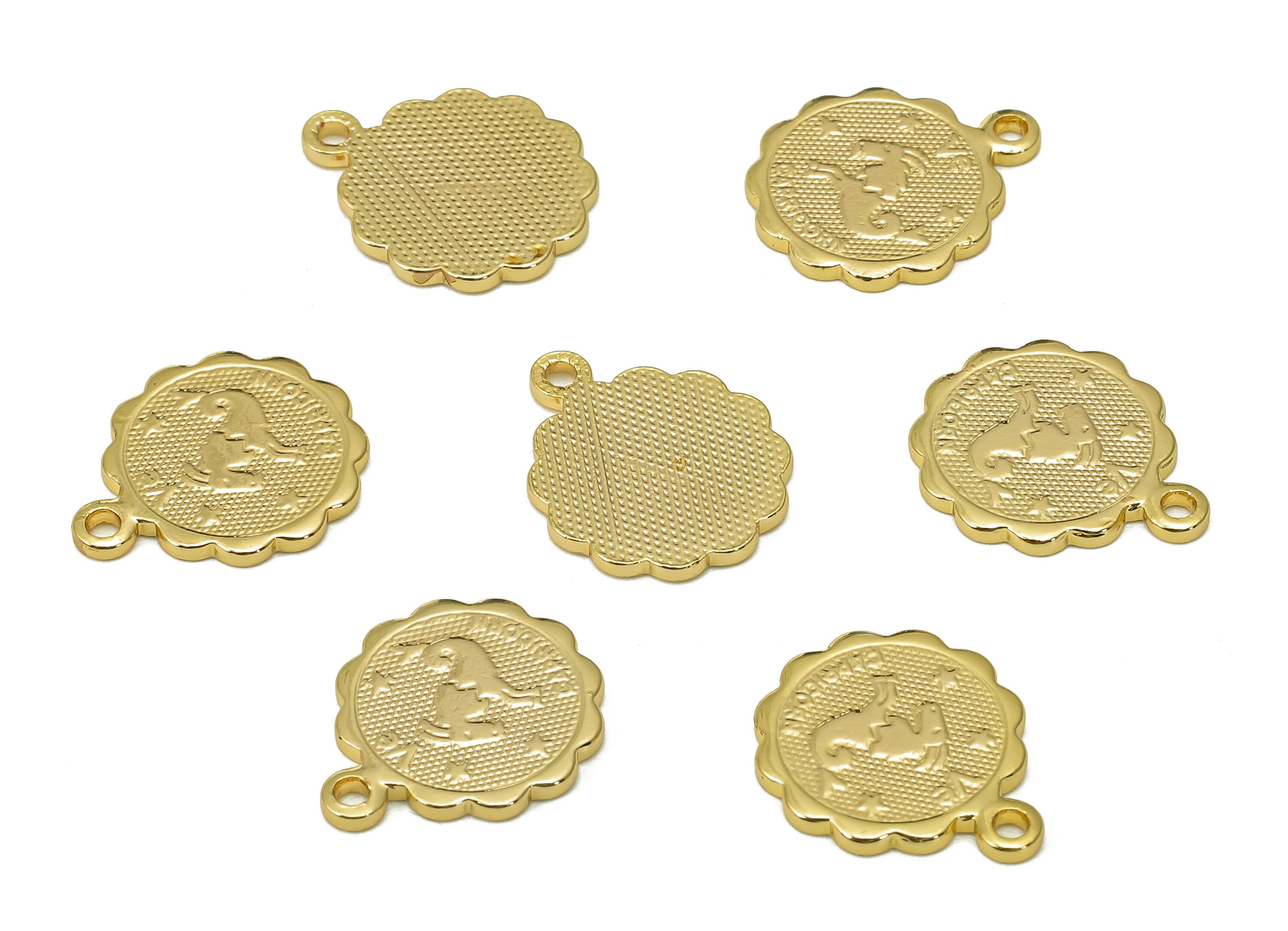 Brass Capricorn Round Earring Charm - Horoscopes Necklace With Loop - Zodiac Coin Pendant - 18K Real Gold Plating - 14.1x11.4x1mm - RGP5504A - DOMEDBAZAAR