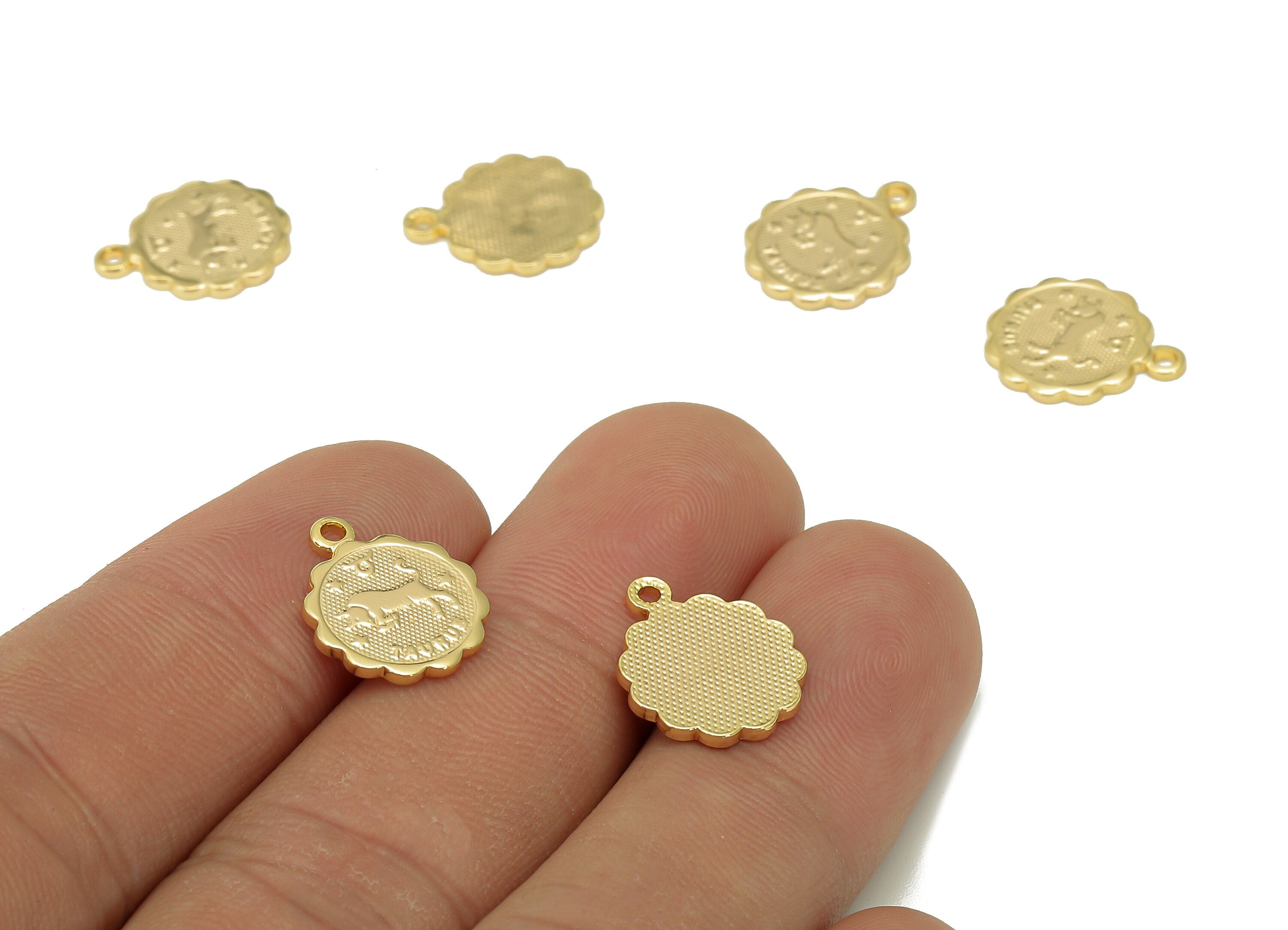 Brass Taurus Round Earring Charm - Horoscopes Necklace With Loop - Zodiac Coin Pendant - 18K Real Gold Plating - 14.1x11.4x1mm - RGP5504B - DOMEDBAZAAR