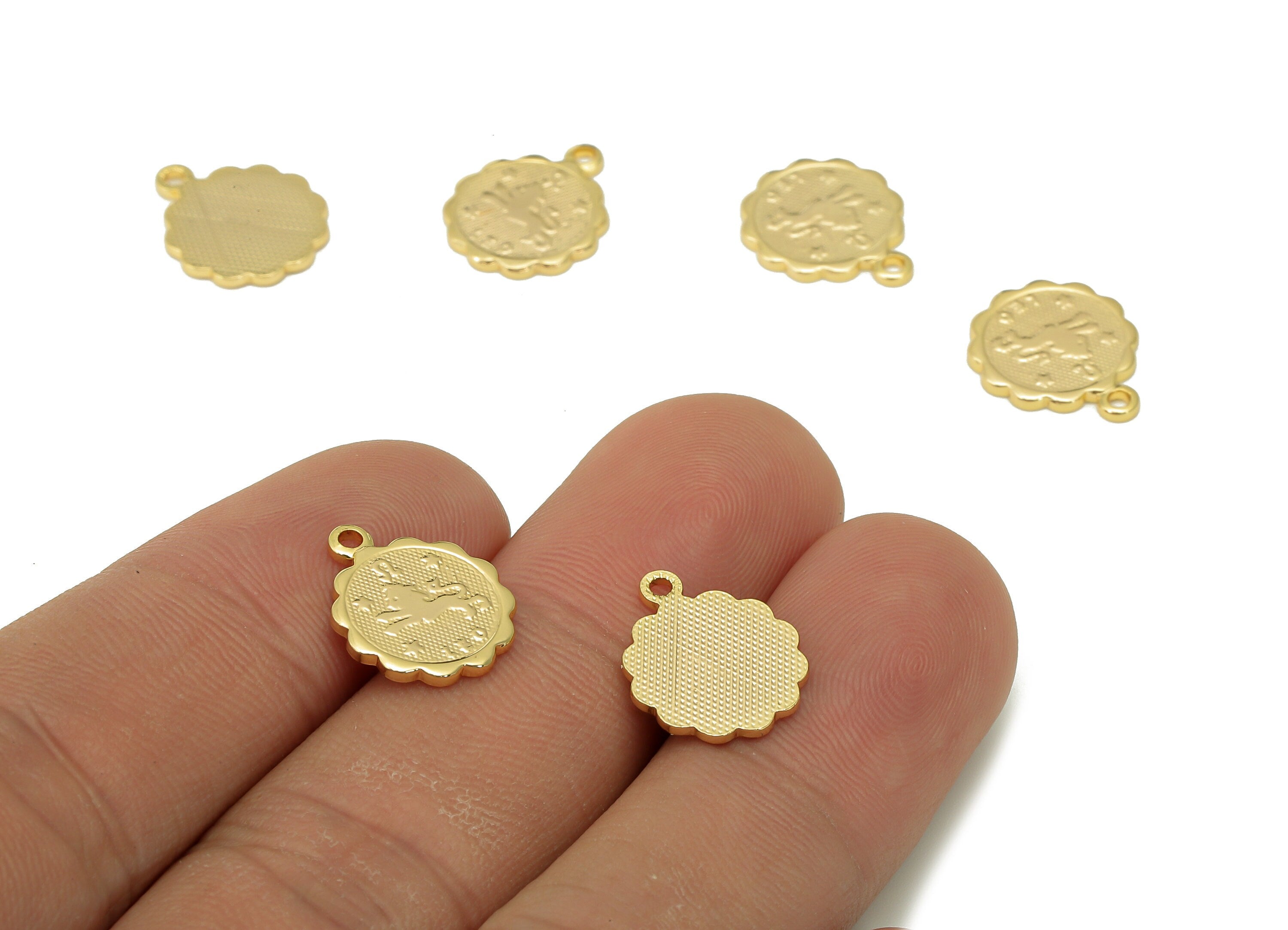 Brass Leo Round Earring Charm - Horoscopes Necklace With Loop - Zodiac Coin Pendant - 18K Real Gold Plating - 14.1x11.4x1mm - RGP5504C - DOMEDBAZAAR