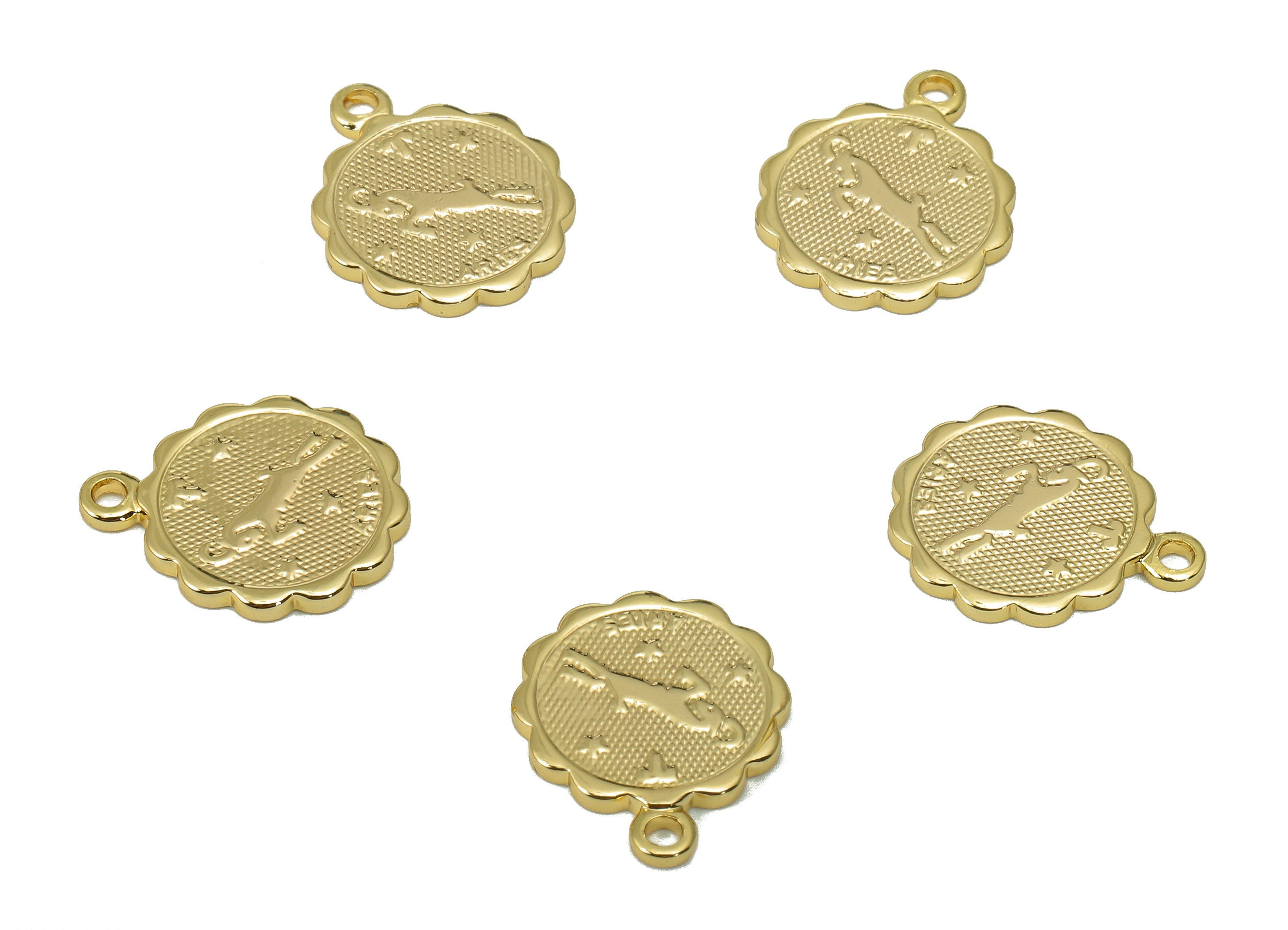Brass Aries Round Earring Charm - Horoscopes Necklace With Loop - Zodiac Coin Pendant - 18K Real Gold Plating - 14.1x11.4x1mm - RGP5504D - DOMEDBAZAAR