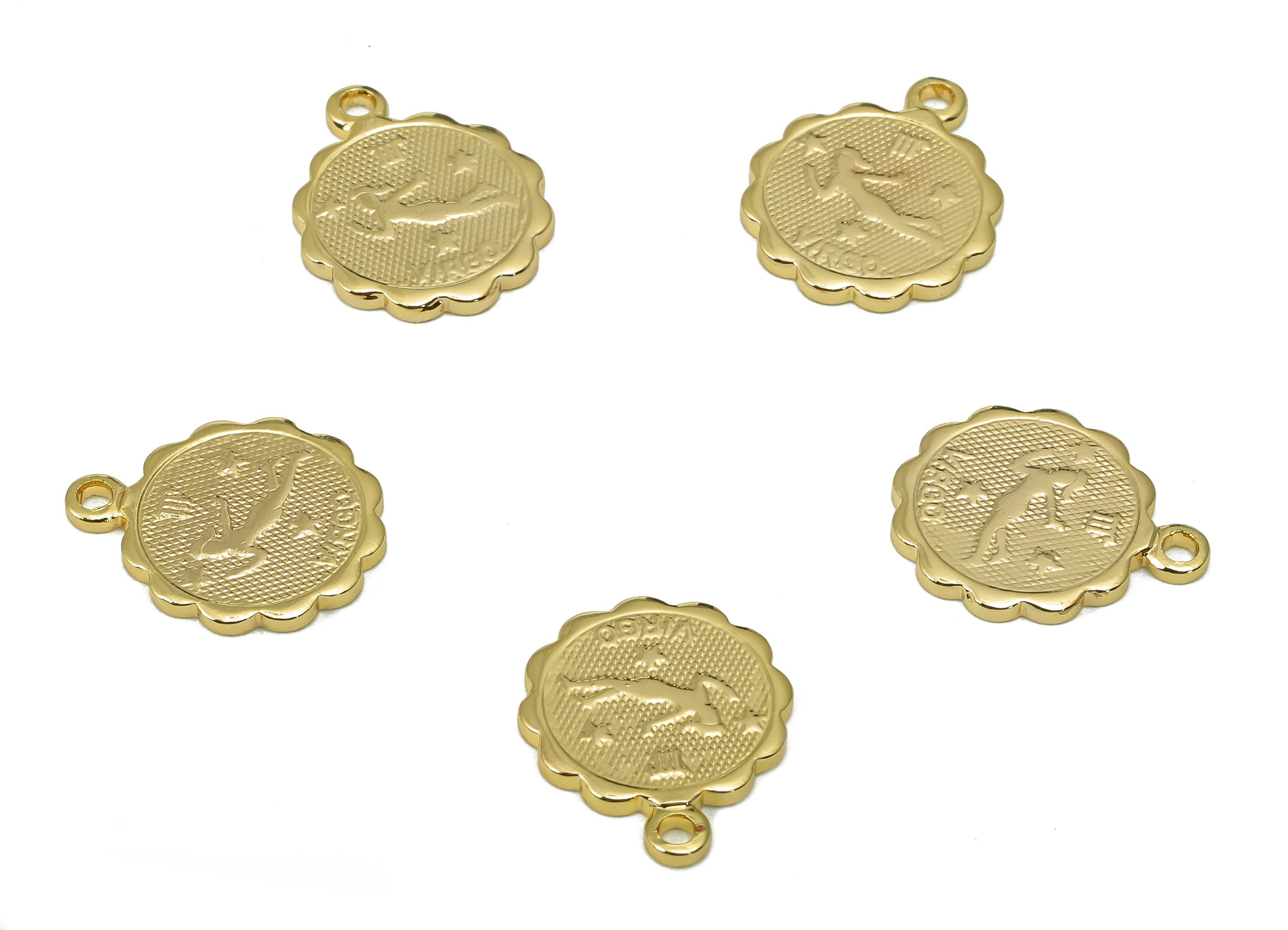 Brass Virgo Round Earring Charm - Horoscopes Necklace With Loop - Zodiac Coin Pendant - 18K Real Gold Plating - 14.1x11.4x1mm - RGP5504G - DOMEDBAZAAR