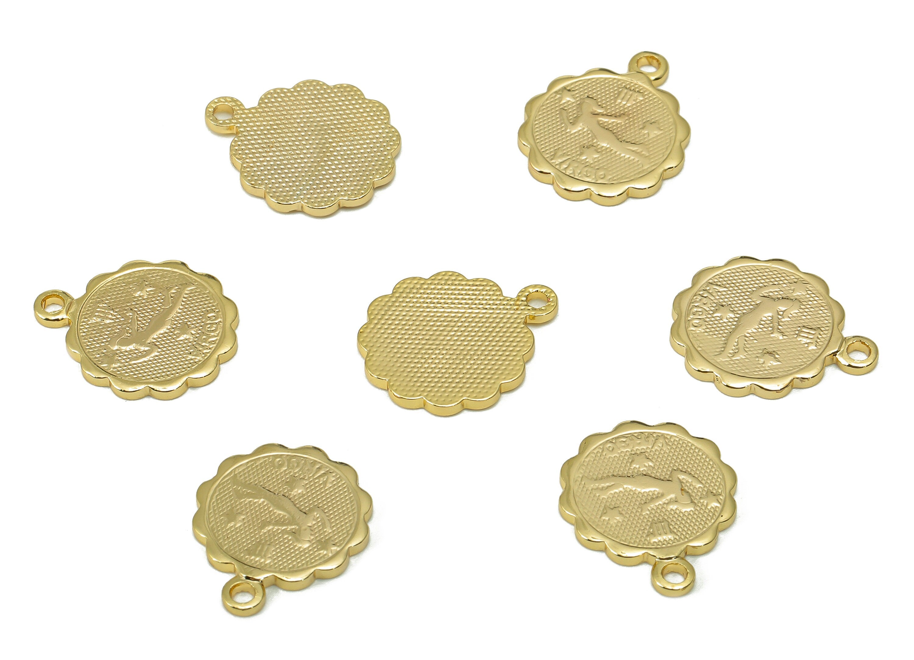 Brass Virgo Round Earring Charm - Horoscopes Necklace With Loop - Zodiac Coin Pendant - 18K Real Gold Plating - 14.1x11.4x1mm - RGP5504G - DOMEDBAZAAR