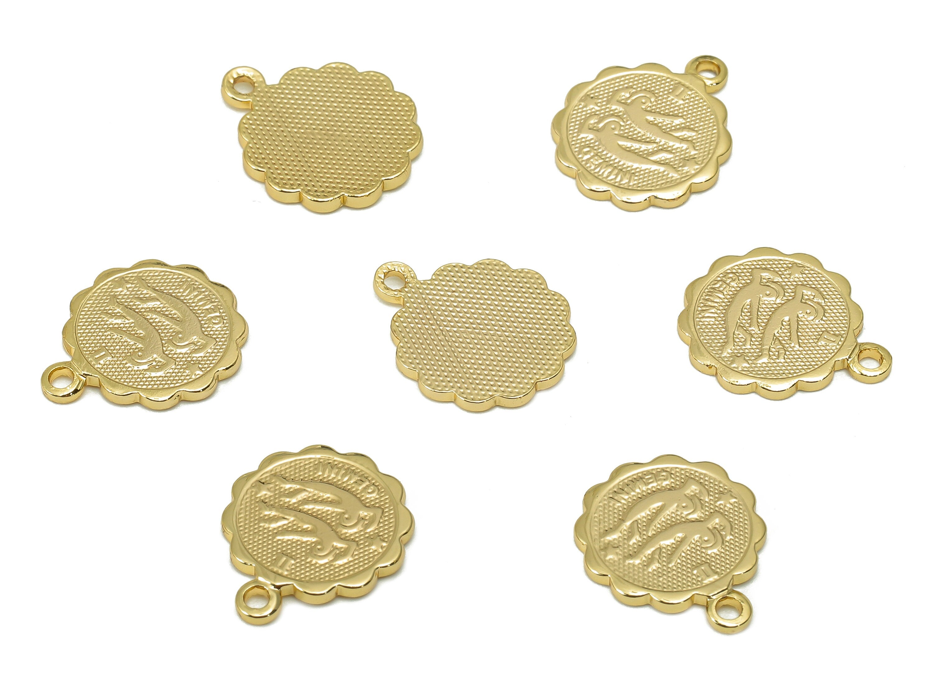 Brass Gemini Round Earring Charm - Horoscopes Necklace With Loop - Zodiac Coin Pendant - 18K Real Gold Plating - 14.1x11.4x1mm - RGP5504F - DOMEDBAZAAR