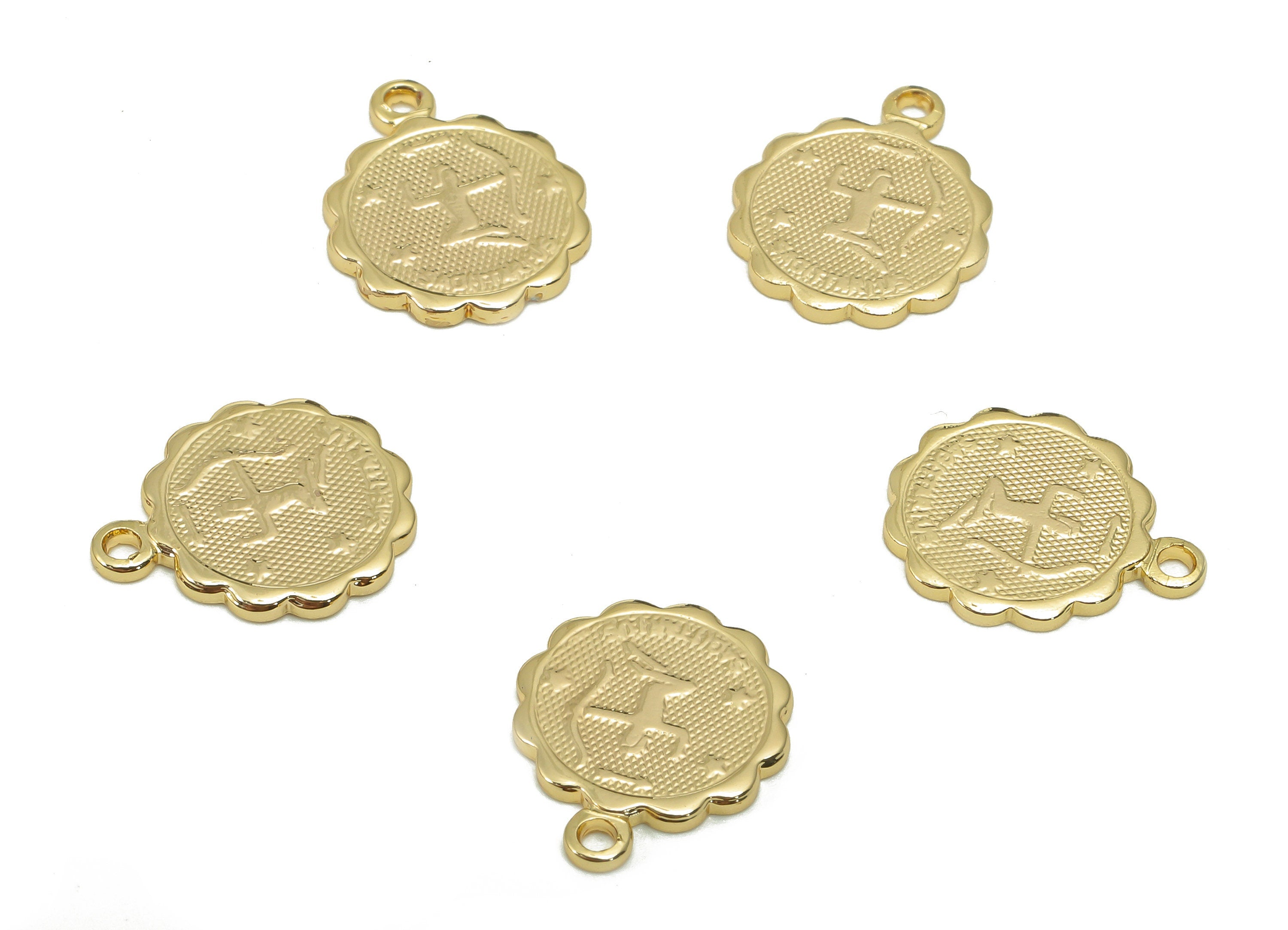 Brass Sagittarius Round Earring Charm - Horoscopes Necklace With Loop - Zodiac Coin Pendant - 18K Real Gold Plating - 14.1x11.4x1mm-RGP5504L - DOMEDBAZAAR
