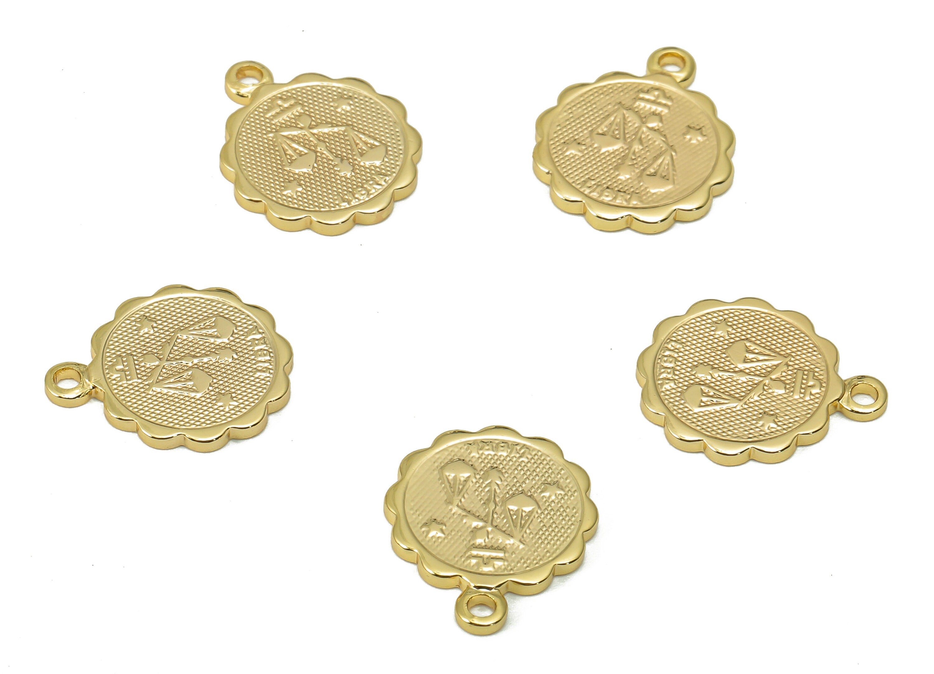 Brass Libra Round Earring Charm - Horoscopes Necklace With Loop - Zodiac Coin Pendant - 18K Real Gold Plating - 14.1x11.4x1mm - RGP5504K - DOMEDBAZAAR