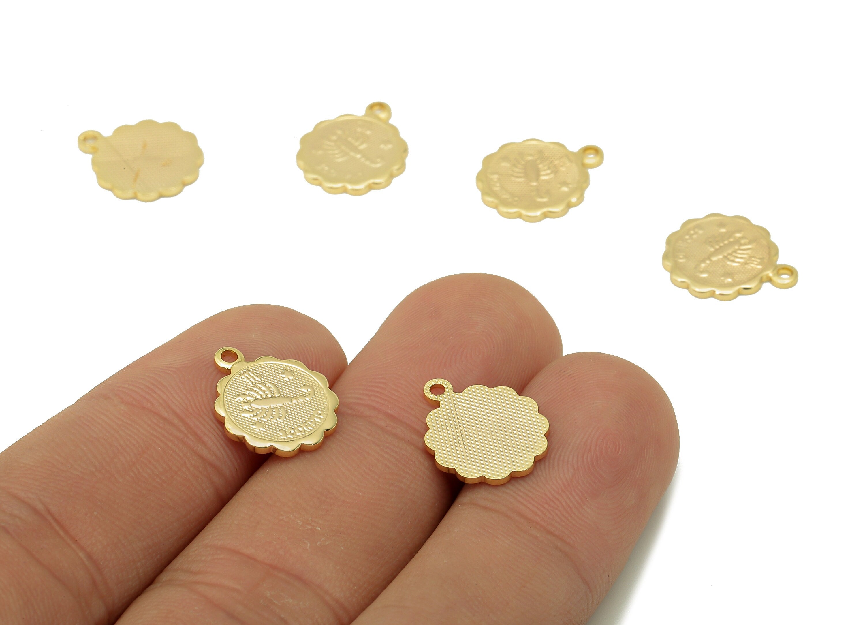 Brass Scorpio Round Earring Charm - Horoscopes Necklace With Loop - Zodiac Coin Pendant - 18K Real Gold Plating - 14.1x11.4x1mm - RGP5504H - DOMEDBAZAAR