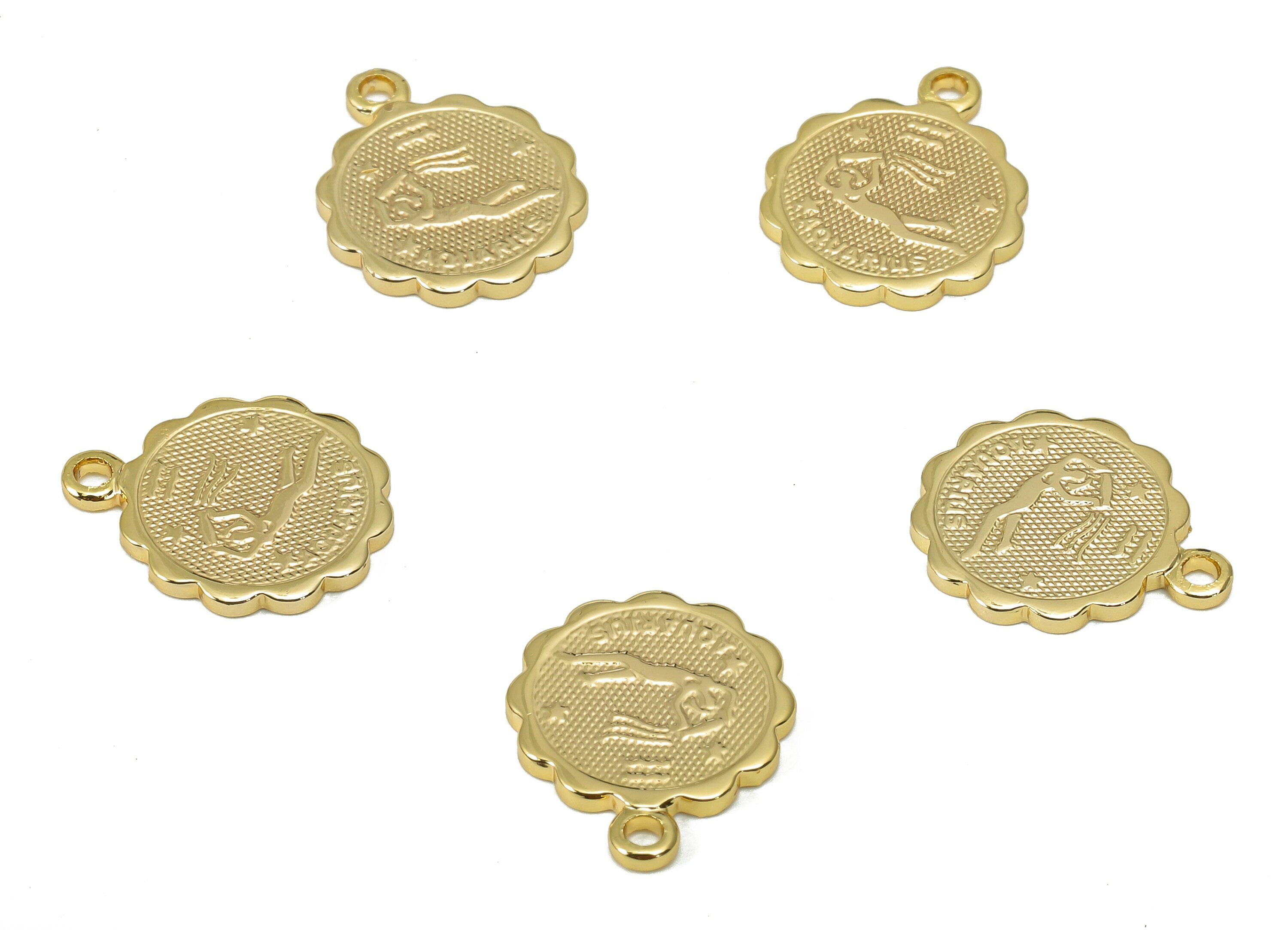 Brass Aquarius Round Earring Charm - Horoscopes Necklace With Loop - Zodiac Coin Pendant - 18K Real Gold Plating - 14.1x11.4x1mm - RGP5504M - DOMEDBAZAAR
