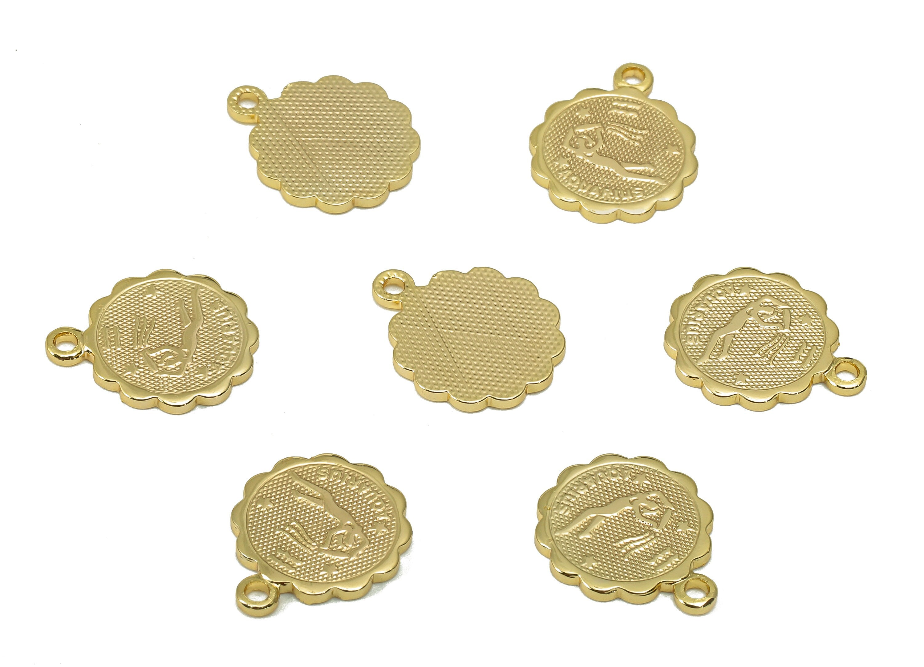 Brass Aquarius Round Earring Charm - Horoscopes Necklace With Loop - Zodiac Coin Pendant - 18K Real Gold Plating - 14.1x11.4x1mm - RGP5504M - DOMEDBAZAAR