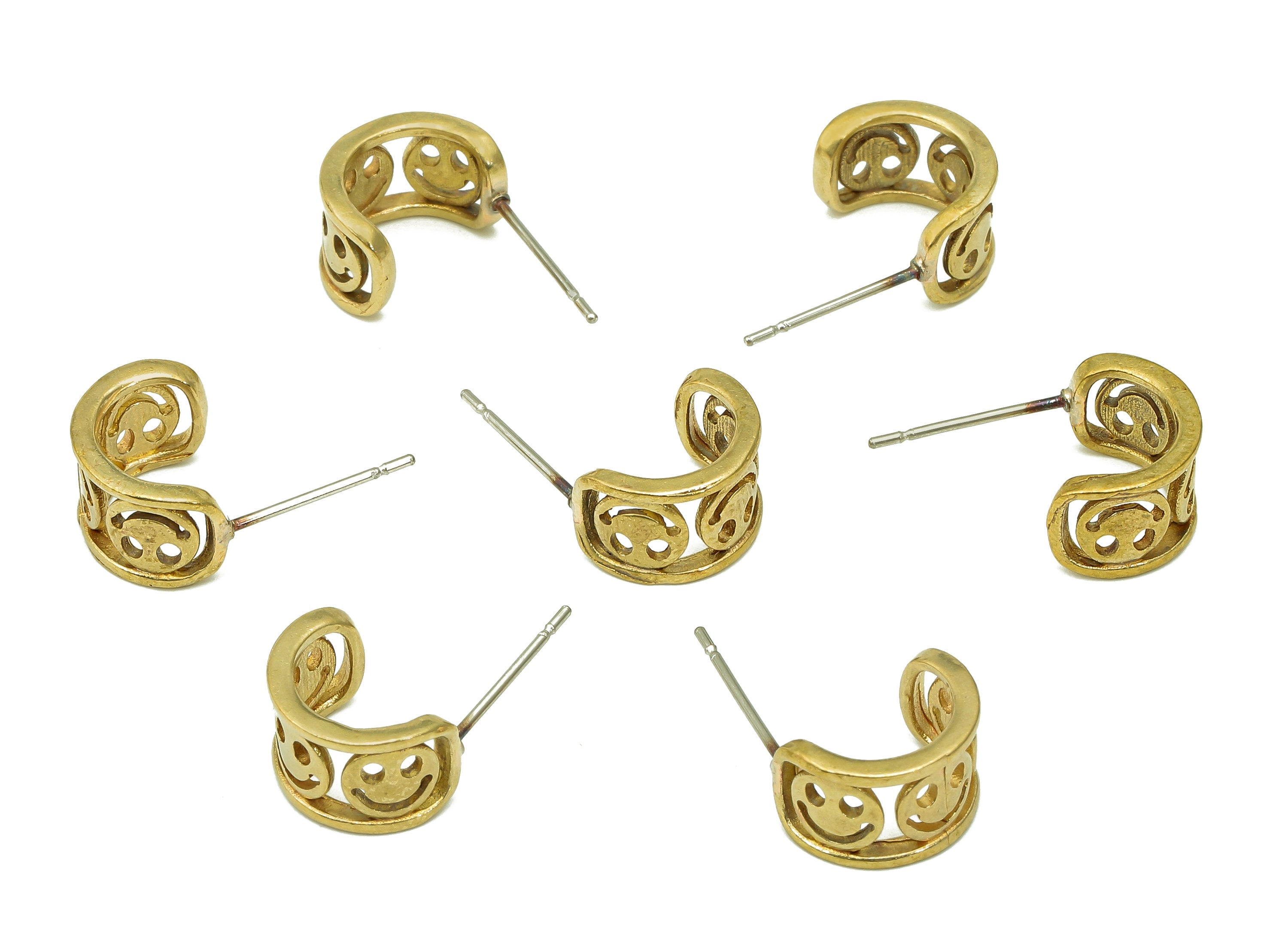 Brass Smile Huggie C Earrings Stud - Raw Brass Happy Face Earring Post - Wide Stud Earring - 316 Stainless Steel - 11.53x8.14x1.6mm - PP8122 - DOMEDBAZAAR