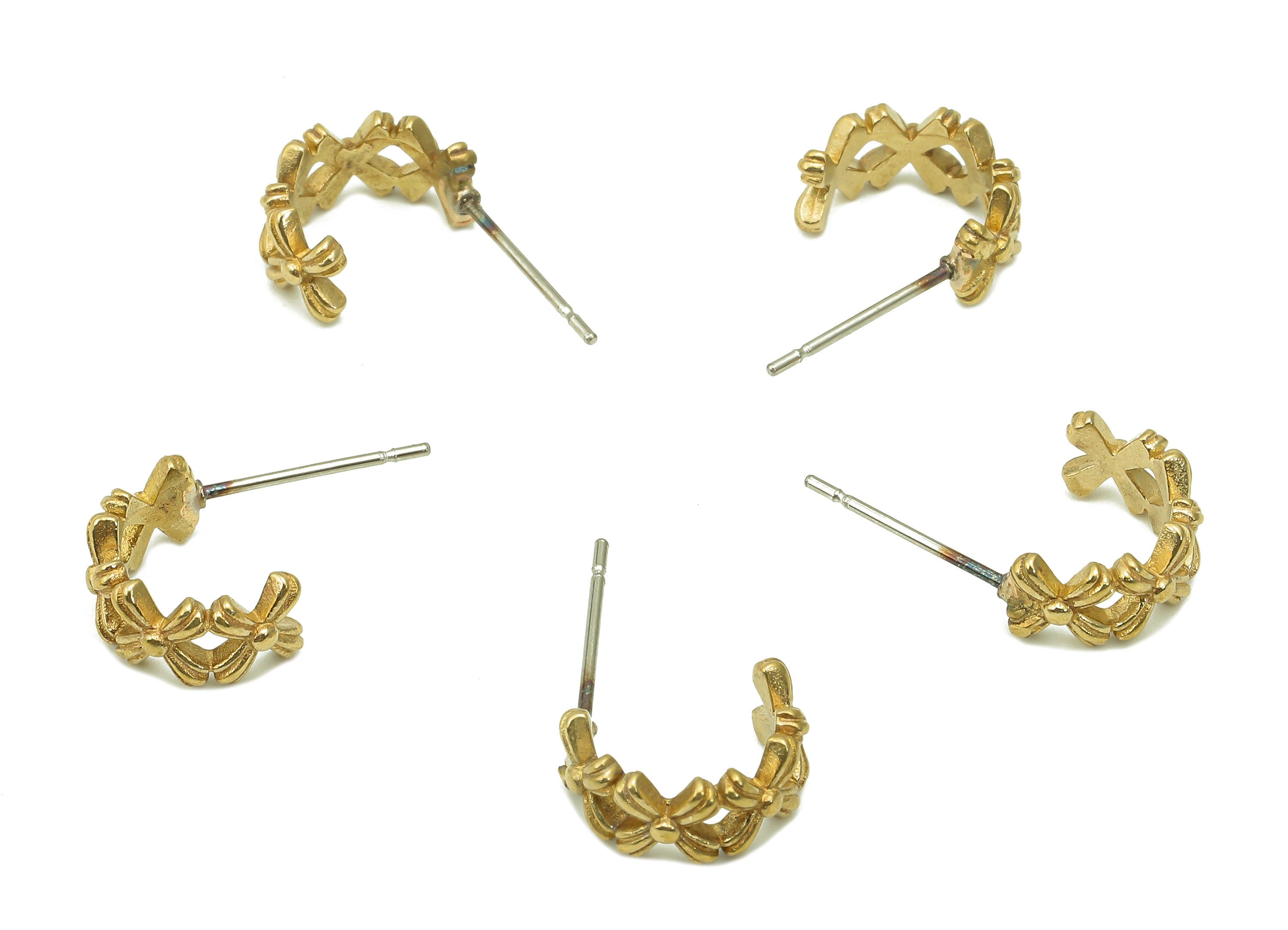 Brass Flower Open C Earrings Stud - Raw Brass Coronet Earring Post - Intersect Stud Earring - 316 Stainless Steel - 11.8x8.1x1.4mm - PP8123 - DOMEDBAZAAR